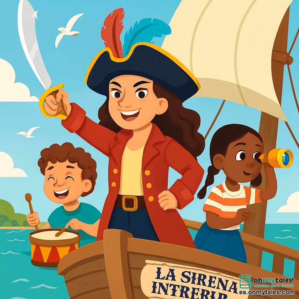 La capitana Valiente, una mujer de mirada decidida y cabello largo y ondulado, se sostiene orgullosamente en la cubierta de su barco, “La Sirena Intrépida”. Lleva un sombrero de pirata adornado con plumas coloridas y una chaqueta de cuero roja, blandiendo una espada brillante, su rostro iluminado por una sonrisa audaz. A su lado, Tomás el Tambor, un niño de 10 años con cabello rizado y una sonrisa traviesa, toca su tambor al ritmo, añadiendo un ambiente alegre a la aventura. Sofía la Rápida, una niña de 9 años con trenzas y mirada chispeante, observa el horizonte con un telescopio, ansiosa por descubrir el tesoro perdido. El escenario es un mar turquesa brillante bajo un cielo azul claro, con islas verdosas a lo lejos. El barco se balancea ligeramente sobre las olas, rodeado de gaviotas que vuelan en círculo. La situación principal muestra a la capitana Valiente y su tripulación preparándose para una nueva aventura, decididos a recuperar el tesoro robado por el temible Capitán Garfio de Hierro.