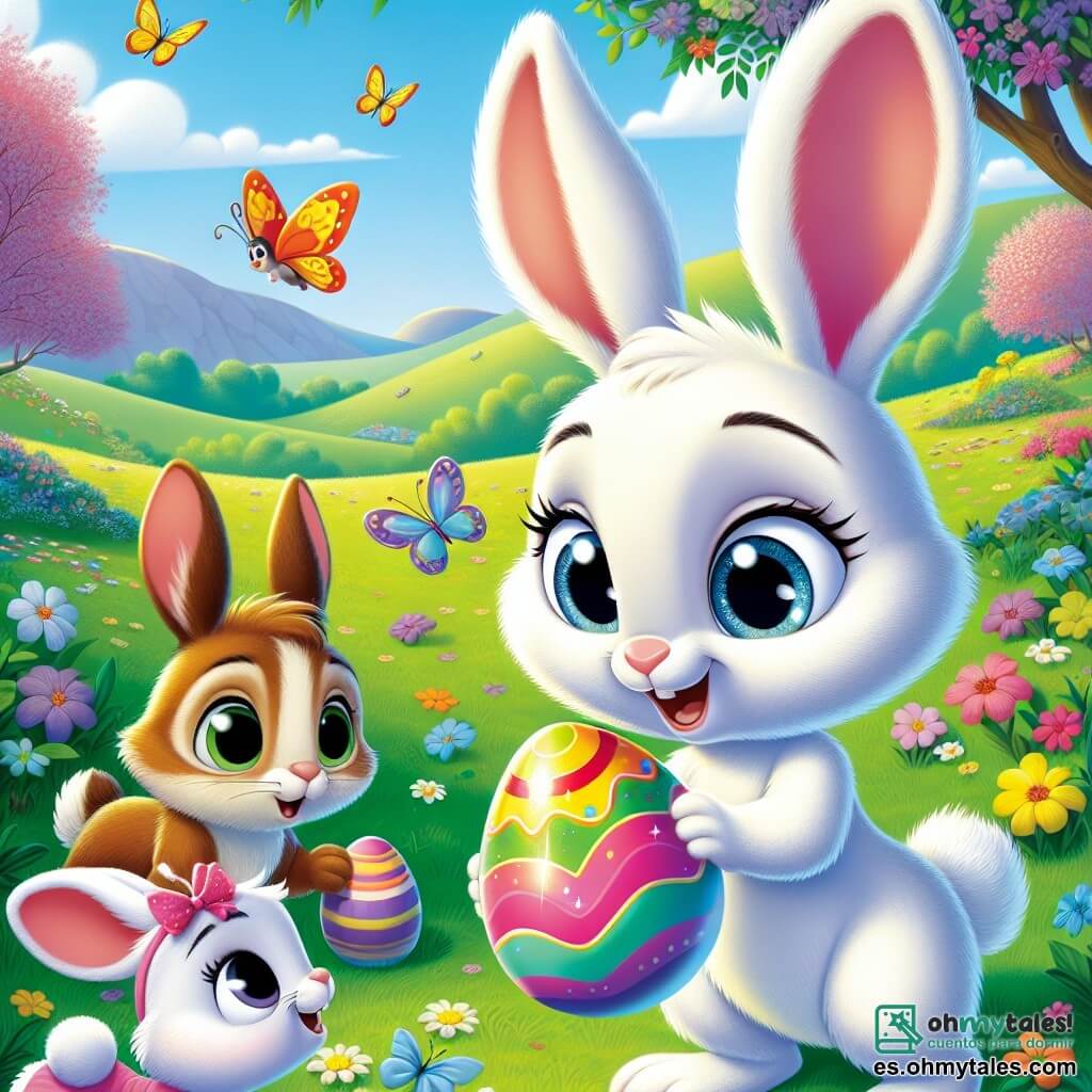 Un pequeño conejo blanco con grandes orejas, llamado Maxi, se encuentra en el centro de la imagen, con ojos brillantes de curiosidad y una sonrisa maravillada. Sostiene un huevo de Pascua de colores vivos que cambia de tono, como un arcoíris en movimiento. A su derecha, una conejita llamada Lila, con pelaje rosa y gafas redondas, mira a Maxi con una expresión intrigada, con las orejas en alto. A su izquierda, Bruno, un conejo marrón con patas grandes, muestra una expresión de emoción, con los ojos muy abiertos, mientras señala el misterioso huevo. El escenario es un prado verde, salpicado de flores coloridas y mariposas revoloteando bajo un cielo azul claro. A lo lejos, se ven árboles en flor y suaves colinas. La situación principal muestra a Maxi descubriendo el papel brillante dentro del huevo, mientras sus amigos lo observan con fascinación, listos para vivir una nueva aventura de Pascua.