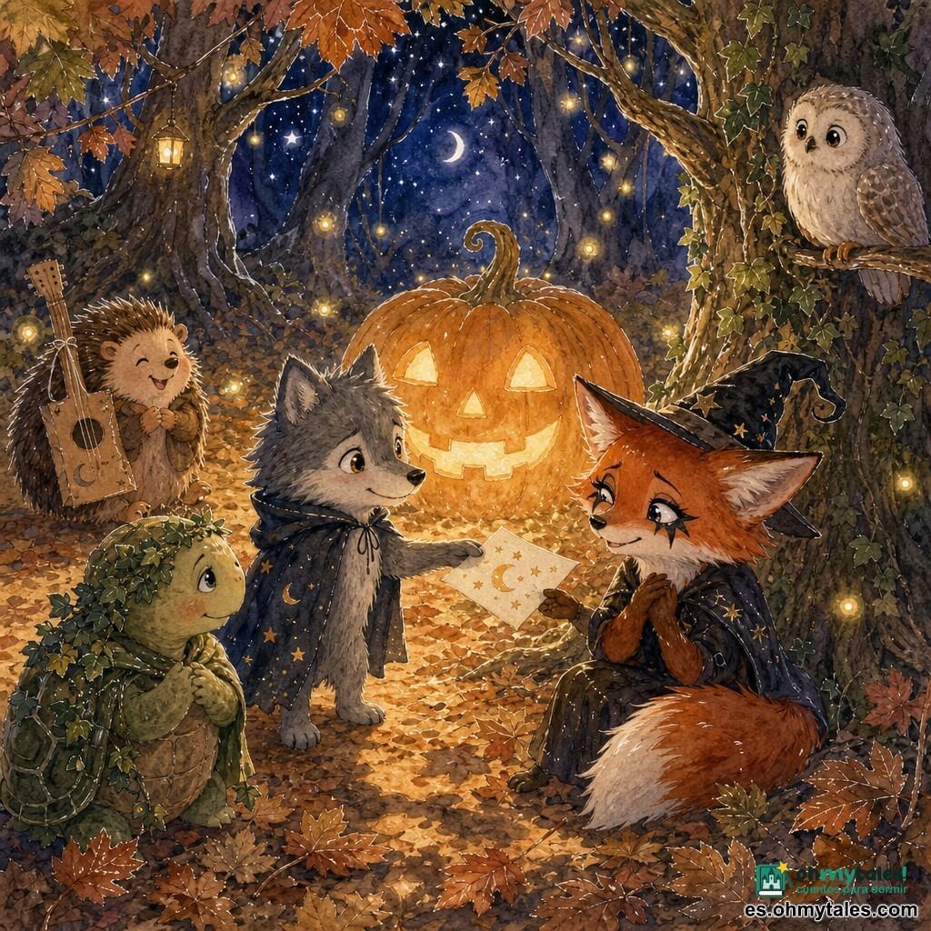 Un pequeño lobo llamado Lino, pelaje gris y ojos brillantes, ofrece un papel decorado con lunas y estrellas a un zorro rojizo llamado Zuri, de orejas puntiagudas y maquillaje de mago, sentado junto a un tronco y aceptando la nota con una sonrisa; a la izquierda una tortuga de caparazón verde cubierta de hiedra observa tranquila, detrás un erizo de púas marrones con una guitarra de papel sonríe y a la derecha una lechuza blanca moteada vigila desde una rama; en una clariana del Bosque Susurrante alfombrada de hojas otoñales una gran calabaza tallada emite una luz cálida con luciérnagas flotando, sombras de disfraces bailan sobre las hojas y la escena transmite amistad y coraje; estilo acuarela otoñal (ocre, cobre, verde musgo, azul noche) con textura de papel y brillos en gel blanco para las luces y las luciérnagas.