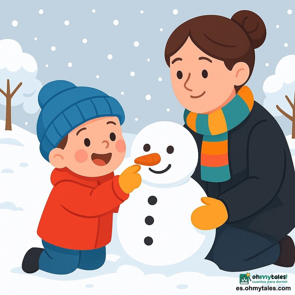 Un niño de 2 años, con mejillas rosadas y ojos brillantes de alegría, lleva un abrigo rojo brillante, un gorro azul y guantes amarillos. Está haciendo una bola de nieve, sonriendo con asombro. A su lado, su mamá, una mujer de unos 30 años con el cabello castaño recogido en un moño, lo observa con ternura mientras lleva un abrigo negro y una bufanda colorida. La escena tiene lugar en un jardín nevado, donde copos de nieve caen suavemente del cielo gris claro. Los árboles están cubiertos de una gruesa capa de nieve, y el suelo es una alfombra blanca y brillante. El niño se divierte creando un muñeco de nieve, riendo alegremente mientras coloca una zanahoria para la nariz y piedras para los ojos, rodeado de un paisaje invernal mágico.