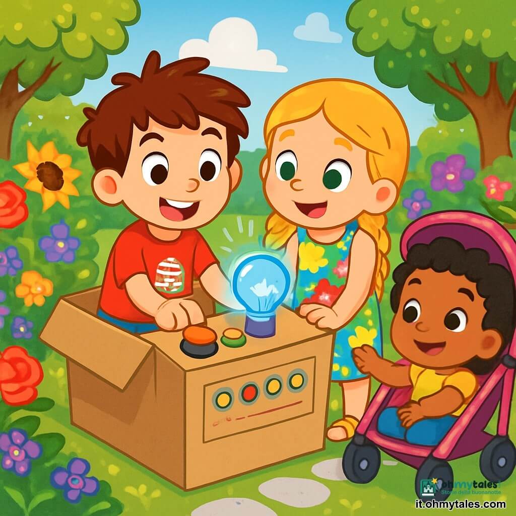 Ci sono 3 personaggi: - Luca: un bambino di quasi 4 anni, con capelli castani disordinati e occhi pieni di curiosità. Indossa una maglietta rossa con un piccolo robot e pantaloni corti blu. È seduto in una grande scatola di cartone, con le mani sui pulsanti della macchina del tempo. - Mia: una bambina di quasi 4 anni, con lunghi capelli biondi intrecciati e occhi verdi brillanti. Indossa un vestito a fiori colorati e sandali. È accanto a Luca, guardando con meraviglia la lampada blu che brilla nella scatola. - Samira: una bambina di quasi 4 anni, con capelli neri ricci e occhi marroni dolci. È in una bella carrozzina rosa, sorridente e attenta. Tende la mano verso Luca e Mia, pronta a unirsi a loro nell'avventura. La scena si svolge in un giardino magico, pieno di fiori dai colori vivaci, come rose rosse, girasoli gialli e violette. Gli alberi hanno foglie brillanti che scintillano al sole, e un piccolo sentiero di pietre bianche si snoda attraverso il giardino. In lontananza, un cielo azzurro chiaro è punteggiato di nuvole soffici. I tre amici sono nella loro macchina del tempo, pronti per un'avventura. Luca preme il pulsante rosso, mentre Mia e Samira guardano con eccitazione. La luce della lampada blu illumina i loro volti gioiosi e il giardino intorno a loro sembra vibrare di energia e magia.