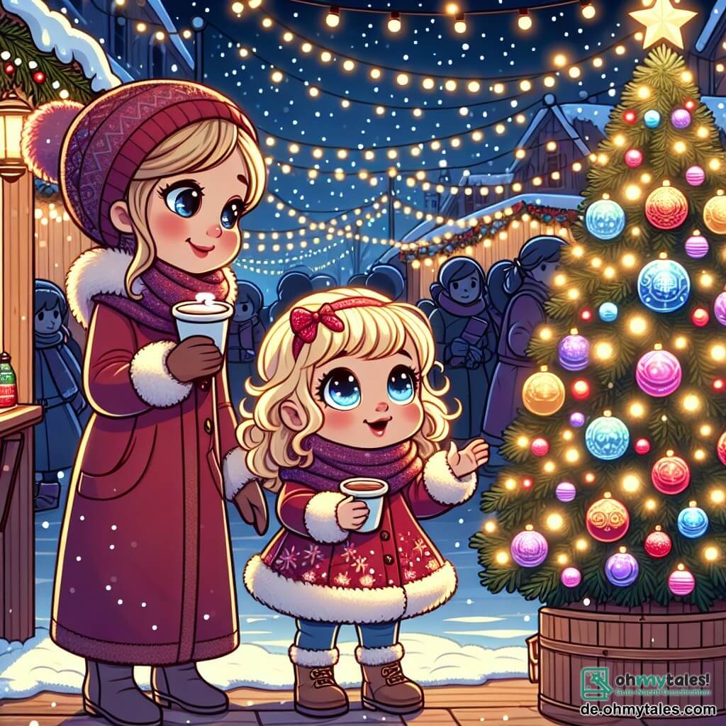 Ein einjähriges Mädchen mit großen leuchtenden Augen und lockigem blonden Haar steht in der Mitte der Szenerie, mit einem staunenden Lächeln auf ihrem Gesicht, während sie einen wunderschönen Weihnachtsbaum betrachtet, der mit funkelnden Lichtern und bunten Kugeln geschmückt ist. Neben ihr steht ihre Mutter, eine etwa 30-jährige Frau mit braunen, zu einem Dutt gebundenen Haaren und einem roten Mantel, die sie liebevoll ansieht. Sie hält eine Tasse heißen Schokolades in einer Hand und streckt die andere Hand nach ihrer Tochter aus. Die Kulisse ist ein charmanten Weihnachtsmarkt, gefüllt mit Holzständen, die mit Lichtern geschmückt sind, sanft fallenden Schneeflocken und dem Duft von Lebkuchen in der Luft. Bunte Lichter erhellen die gesamte Umgebung und schaffen eine warme, festliche Atmosphäre. Das kleine Mädchen, fasziniert von den Lichtern des Baumes, dreht sich zu ihrer Mutter, um ihr seine Begeisterung zu zeigen, während eine Gruppe fröhlicher Menschen hinter ihnen vorbeigeht und zur festlichen Stimmung des Marktes beiträgt.