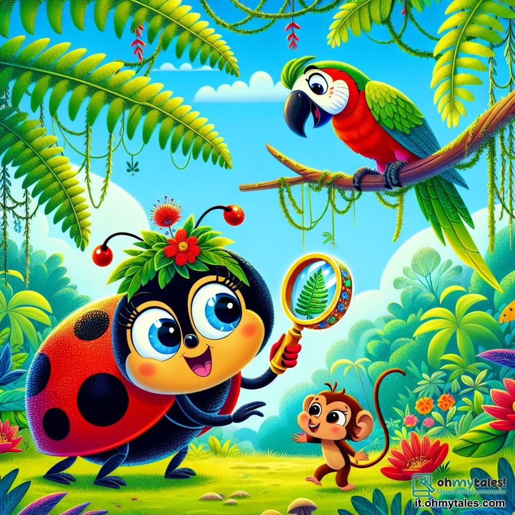 Una coccinella di nome Lulù, con un corpo rosso vivo punteggiato di piccoli punti neri lucenti, mostra grande determinazione sul suo volto sorridente. Tiene una piccola lente fatta di una goccia di rugiada e di una foglia di felce, scrutando attentamente il terreno in una postura d'indagine. Nelle vicinanze, un vecchio pappagallo di nome Paco, con piume verdi e gialle brillanti, sembra sollevato e felice, posato su un ramo, pronto a cantare. Una piccola scimmia di nome Tita, con pelo marrone e occhi scintillanti, salta intorno a Lulù, incoraggiando i suoi amici ad aiutarla nella sua ricerca. La scena si svolge in una magnifica giungla colorata, piena di liane intrecciate, fiori vivaci e alberi maestosi, sotto un cielo blu luminoso. La situazione principale mostra Lulù, la coccinella, intenta a risolvere il mistero della perdita del prezioso cappello di piume del pappagallo, circondata dai suoi amici animali, tutti uniti in un'avventura emozionante.