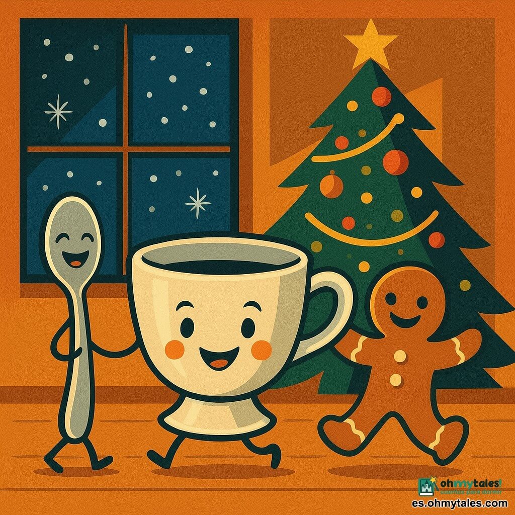 La protagonista es una pequeña taza brillante llamada Lulú, sonriente y levantando su asa como un brazo; a su izquierda está la cucharita, una cuchara plateada y risueña inclinada como si riera; a la derecha baila una galleta de jengibre con ojos de azúcar y brazos de glaseado; la escena transcurre sobre una mesa frente a un árbol de Navidad decorado, la noche nevada se ve por la ventana y una luz cálida ilumina la mesa; los tres dan una ronda alegre alrededor del árbol en una ambientación festiva, colores vivos y formas depuradas estilo art déco.