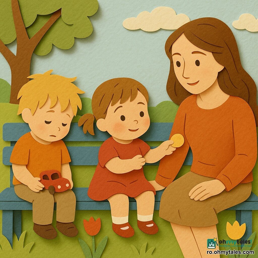 O fetiță de 2 ani, brunetă cu obraji roșii, îi întinde un biscuite unui băiețel timid de ~3 ani cu păr blond, în timp ce mama lor stă alături pe o bancă albastră în parc cu gazon, flori roșii și galbene și un copac; gest cald de împărțire și priviri întâlnite, atmosferă liniștitoare.