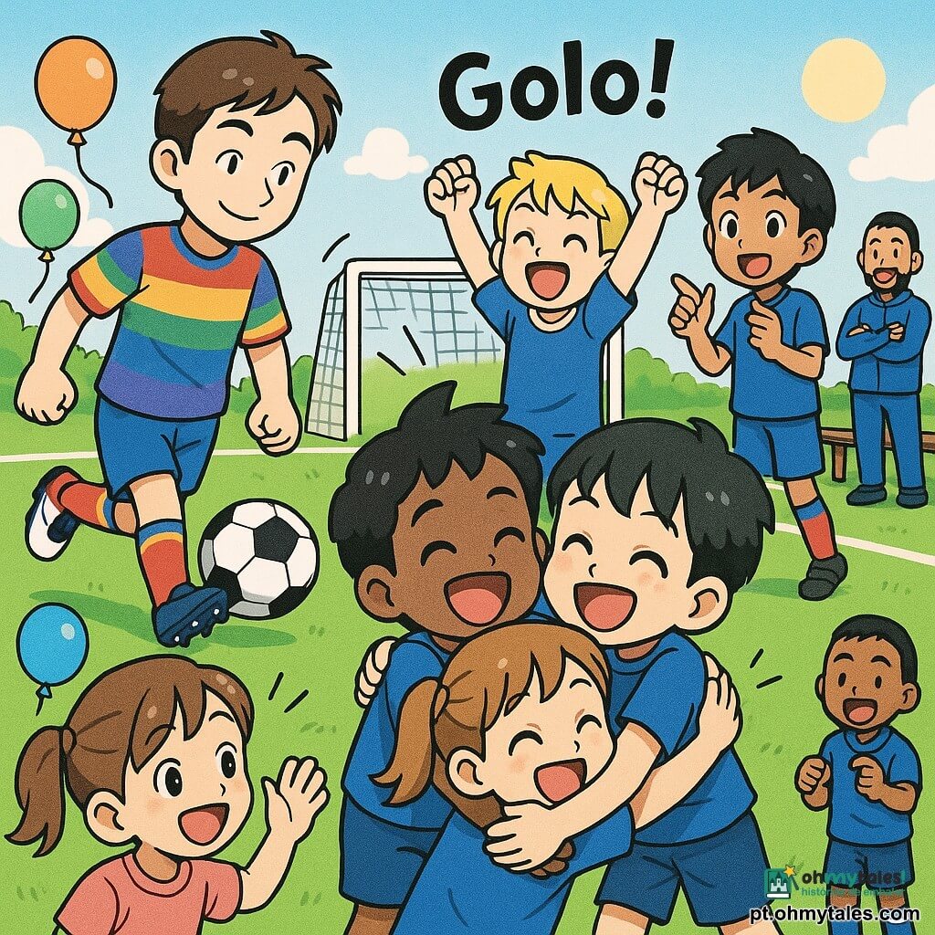Um homem chamado Luís, rosto calmo e sorridente, cabelo castanho curto, com camisola colorida e chuteiras, corre suave e chuta uma grande bola branca e preta; António, menino de cerca de 8 anos, loiro de olhos brilhantes, recebe a bola perto da baliza e comemora com os braços erguidos; Pedro, cerca de 9 anos, cabelo negro, está um pouco atrás à direita a aplaudir e apontar para a baliza; Sofia, menina de 8 anos, cabelo castanho em rabo de cavalo, está à esquerda a incentivar acenando; um treinador adulto sorri de braços cruzados junto ao banco; o campo é verde com relva brilhante, linhas brancas e uma pequena baliza ao fundo; o céu é azul claro com nuvens e um sol amarelo pálido; crianças espectadoras sorriem e batem palmas na lateral e alguns balões coloridos flutuam; cena principal: momento logo após o golo, as crianças juntam‑se num grande abraço de equipa com rostos alegres e gestos ternos; estilo mangá infantil, cores vivas, traços redondos e expressões exageradas para transmitir ternura.