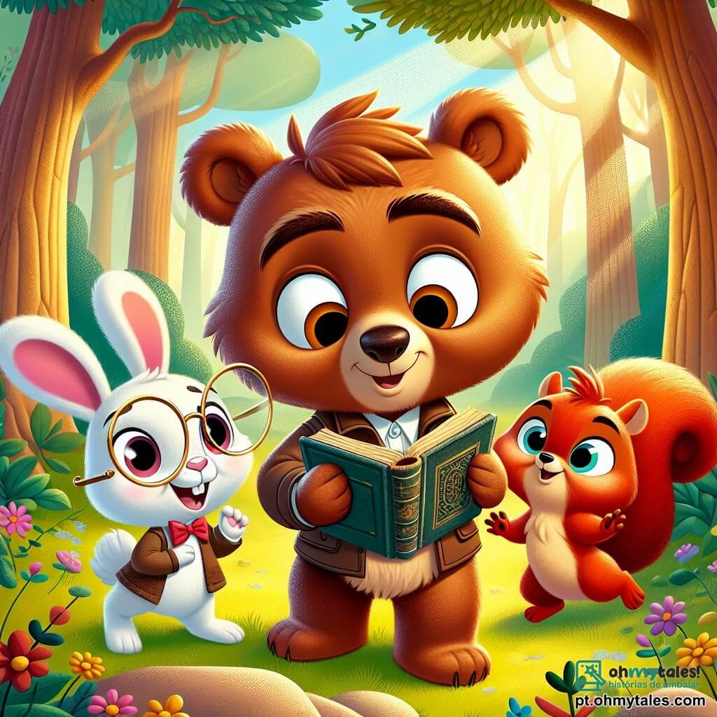Téo, um pequeno urso marrom com grandes olhos curiosos e um sorriso travesso, está no centro da cena, segurando um velho livro empoeirado com uma expressão de excitação e descoberta. À sua direita, Lila, uma coelhinha branca vaidosa com óculos redondos e orelhas em pé, observa o livro com admiração, pronta para compartilhar suas ideias. À esquerda, Max, um esquilo de pelagem ruiva, pula de alegria, sua cauda em forma de leque balançando atrás dele, exibindo um sorriso orgulhoso. A cena acontece em uma clareira ensolarada do Bosque Encantado, cercada por árvores majestosas com folhas verdes brilhantes, enquanto raios de sol filtram pelas ramas, criando uma atmosfera mágica. No chão, flores coloridas adicionam um toque alegre ao ambiente. Téo, Lila e Max acabaram de descobrir o livro misterioso escondido sob uma pedra, e seu entusiasmo é palpável enquanto se preparam para desvendar o mistério do Bosque.