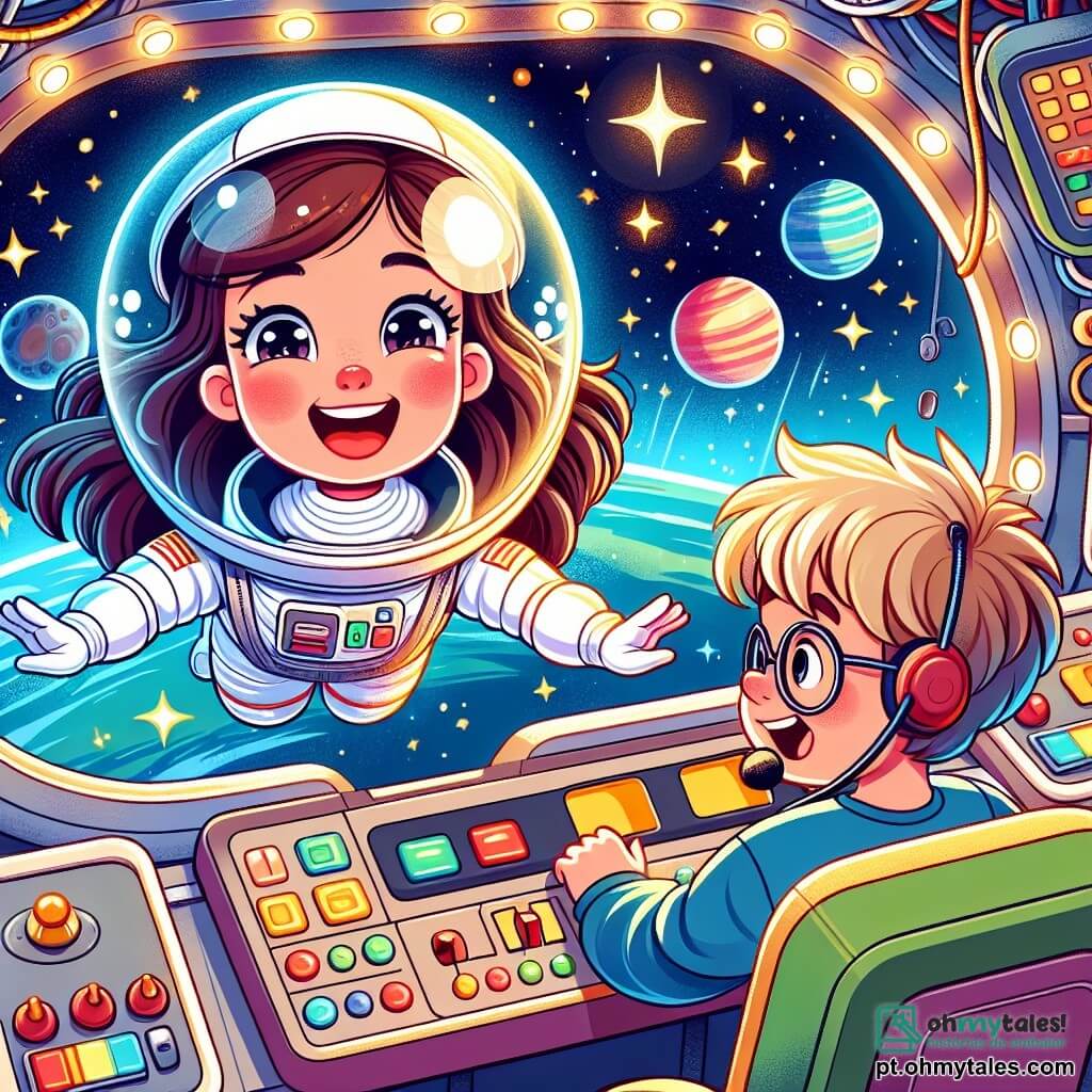 Uma astronauta chamada Sara flutua alegremente em sua nave espacial. Ela usa um traje espacial branco brilhante, com um capacete transparente que revela seu grande sorriso e seus olhos brilhando de excitação. Seus cabelos castanhos flutuam ao seu redor como algas na água. Ao lado dela, um menino de 8 anos, com óculos e cabelos loiros bagunçados, fala em um microfone. Ele está sentado diante de uma tela de controle, com os olhos arregalados de curiosidade. A nave espacial está cheia de botões coloridos e luzes cintilantes. Através da grande janela, vê-se um céu estrelado, com planetas de cores vivas, como o azul profundo da Terra e o vermelho vibrante de Marte. A cena principal mostra Sara flutuando, rindo e apontando as estrelas para seu jovem amigo, enquanto compartilham um momento de descoberta e maravilha na imensidão do espaço.