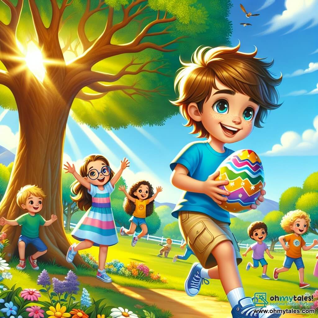 A 12-year-old boy named Henry, with messy brown hair and sparkling curious eyes, stands in front of a majestic oak tree in a sunny park. He wears a bright blue t-shirt and beige shorts, displaying a wide smile of excitement as he holds a brightly decorated egg in his hands. Next to him, Mia, an 11-year-old girl with a brown ponytail and round glasses, jumps for joy with her arms raised, full of energy and happiness. A little further away, Sam, a 12-year-old boy with blonde hair and glasses, leans forward, examining the ground with a focused expression, while Lily, a 10-year-old girl with curly hair and a radiant smile, watches in wonder with her hands on her hips. The park is filled with vibrant colors, blooming flowers, families on picnic blankets, and balloons floating in the air. The sky is bright blue, dotted with a few fluffy white clouds. The main scene shows Henry and his friends discovering a sparkling magical egg hidden under the roots of the grand oak, surrounded by a festive and joyful atmosphere, symbolizing the spirit of Easter.