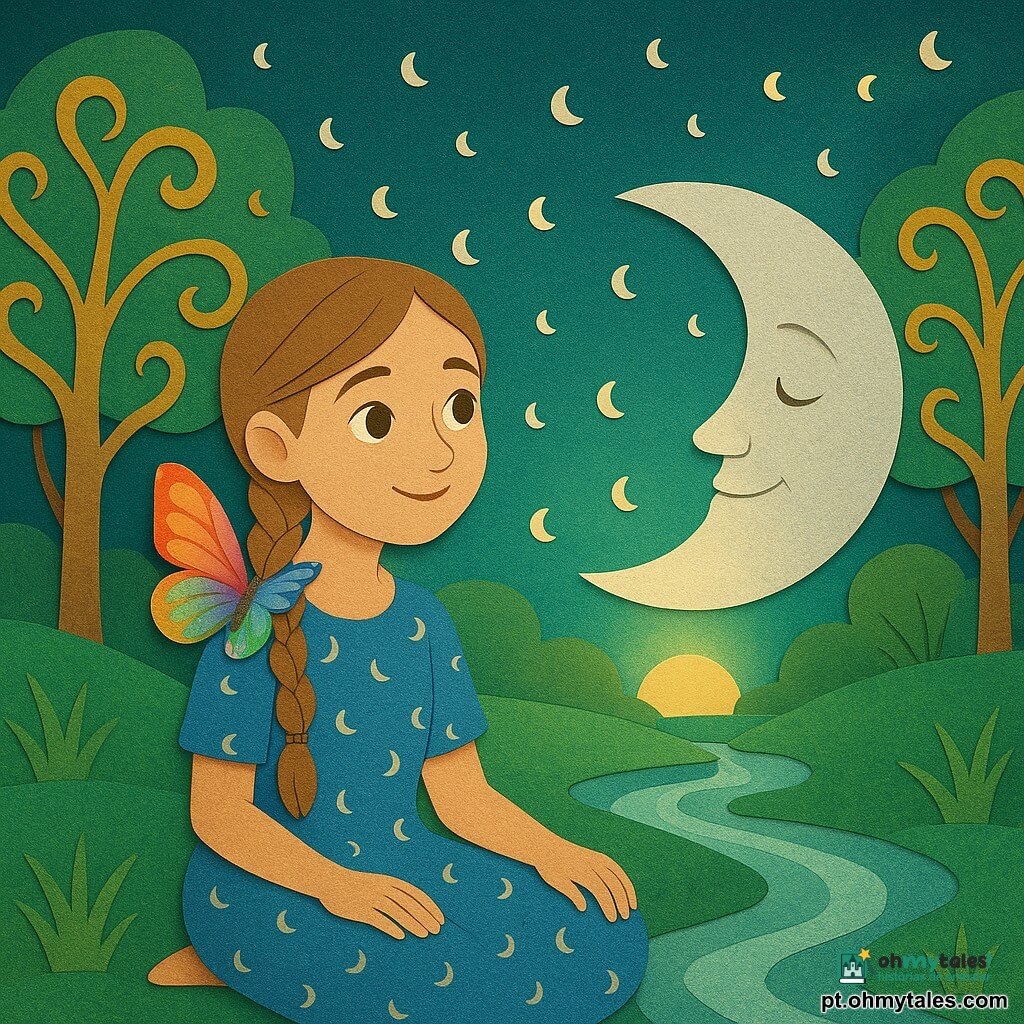 Amélia, menina de aproximadamente 12 anos, sentada de pernas cruzadas ao centro, rosto suave e sorridente, olhos grandes, cabelo castanho claro em tranças, veste um vestido azul com pequenas luas; uma lua prateada personificada desce perto dela, redonda e luminosa acima da sua palma, e uma pequena borboleta colorida pousa no seu ombro; cenário: uma clareira do "Vale das Histórias" com relva verde-esmeralda em textura de papel, árvores estilizadas de folhas douradas, um ribeiro prateado em tira de papel e um céu turquesa salpicado de luas brancas e amarelas; momento mágico do amanhecer com luz suave, sombras longas, paleta pastel com toques metálicos; estilo gráfico de papéis recortados com bordas visíveis, texturas e composição centrada, apelativa para crianças.