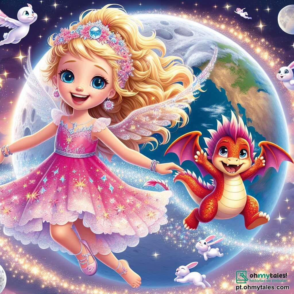 A princesa Lila, uma menina de cerca de 10 anos, com cabelos dourados brilhantes como o sol e olhos azuis cintilantes, voa alegremente pelo ar, com um grande sorriso no rosto. Ela usa um vestido rosa cintilante adornado com pequenas estrelas, flutuando ao seu redor como nuvens. Ao seu lado, seu melhor amigo, Fogo, um pequeno dragão vermelho vivo, com escamas brilhantes e olhos travessos, bate as asas com entusiasmo, rindo enquanto tenta alcançá-la. A cena se passa na superfície iluminada da Lua, onde coelhos lunares de grandes orelhas e pelagens prateadas dançam alegremente ao redor deles, acrescentando um toque de magia à atmosfera. O céu está salpicado de estrelas cintilantes, e a Terra, ao fundo, brilha como uma joia na escuridão. Lila e Fogo se divertem dançando e rodopiando juntos, cercados por bolhas coloridas que flutuam ao seu redor, criando uma atmosfera de festa e alegria.