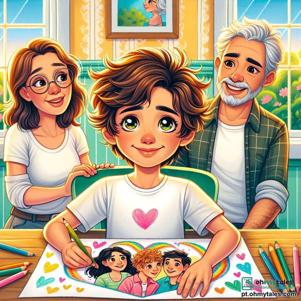 Pedro, um menino de 8 anos com cabelos castanhos bagunçados e olhos brilhantes, está sentado a uma mesa de madeira em uma cozinha iluminada, seu rosto expressando uma leve tristeza misturada com esperança. Ele segura um grande desenho colorido representando sua família, com corações ao redor. Sua mãe, uma mulher de cabelos castanhos e óculos, está ao seu lado, olhando para o desenho com um sorriso suave e reconfortante, seus olhos brilhando de amor e compreensão. Seu pai, um homem de cabelo curto e barba bem feita, está sentado em frente a Pedro, exibindo uma expressão de orgulho e encorajamento, pronto para ouvir seu filho. A cozinha é acolhedora, com paredes pintadas de amarelo pastel, uma grande janela deixando entrar a luz do sol, e plantas verdes na janela. Na mesa, lápis de cor estão espalhados ao redor do desenho, acrescentando um toque de criatividade ao ambiente. A cena principal mostra Pedro compartilhando suas emoções através de seu desenho, cercado por seus pais que o ouvem atentamente, criando um momento de conexão e amor familiar apesar da separação.