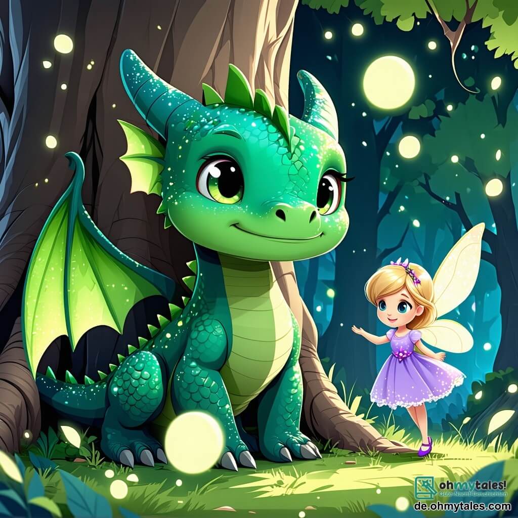 Ein kleiner Drache namens Flämmchen mit schimmernden smaragdgrünen Schuppen und neugierigen goldenen Augen steht vor einem majestätischen großen Baum. Er hat einen entschlossenen und fröhlichen Gesichtsausdruck, bereit zu helfen. An seiner Seite fliegt eine kleine Fee namens Lila, etwa 8 Jahre alt, mit funkelnden Flügeln und einem lila Kleid, im Kreis um ihn herum und hebt die Arme zur Ermutigung. Im Hintergrund strahlt der weise Baum mit goldenen Blättern und imposanten Wurzeln eine magische Aura aus, während fluffige Wolken das Luftreich umgeben. Die Szene zeigt Flämmchen, der ein kostbares blaues Herbarium zu den Füßen des Baumes legt, in einer Atmosphäre voller Hoffnung und Magie.