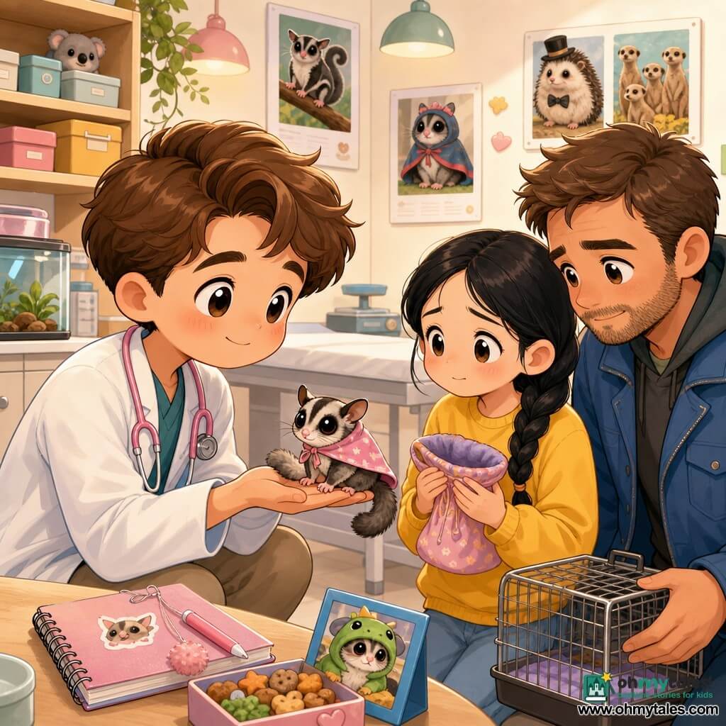 A gentle, smiling veterinarian named Milo, round-faced with short brown hair, wearing a slightly oversized white coat and a pink stethoscope, is crouched and calming Maple, a small gray sugar glider with bright eyes and a pink nose wrapped in a little fabric cape, while 12-year-old Nia, with black braided hair and a worried-but-relieved expression in a yellow sweatshirt, holds an open fabric pouch and stands to Milo’s right, and a tired-but-reassured father in a blue coat stands nearby holding a small metal carrier on the floor; the warm, bright exam room has a white exam table, colorful exotic animal posters, labeled shelves, soft lamps, a small scale and aquarium, and Milo is gently checking Maple’s weight and hydration as Nia watches anxiously but comforted.