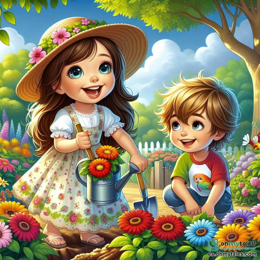 Una niña de 4 años, llamada Lucía, con largos cabellos castaños y ojos brillantes de alegría, está plantando una pequeña flor colorida en un jardín soleado. Lleva un vestido ligero con flores y un sombrero de paja, y su rostro irradia emoción y felicidad. A su lado está Tomás, un niño de 6 años, con el cabello rubio desordenado y una gran sonrisa. Sostiene una pequeña pala y mira a Lucía con admiración, listo para ayudarla. Su mamá, una mujer sonriente con cabello castaño y una camiseta colorida, los observa con orgullo, sosteniendo una regadera. El jardín está lleno de flores brillantes en colores vivos: rojas, amarillas y azules, rodeadas de exuberante vegetación. Árboles majestuosos ofrecen sombra, y el cielo es de un azul claro, salpicado de algunas nubes blancas. La escena muestra a Lucía y Tomás trabajando juntos, felices en la jardinería, mientras su mamá los anima y admira su trabajo. Es un momento de compartir y descubrir, lleno de risas y felicidad veraniega.