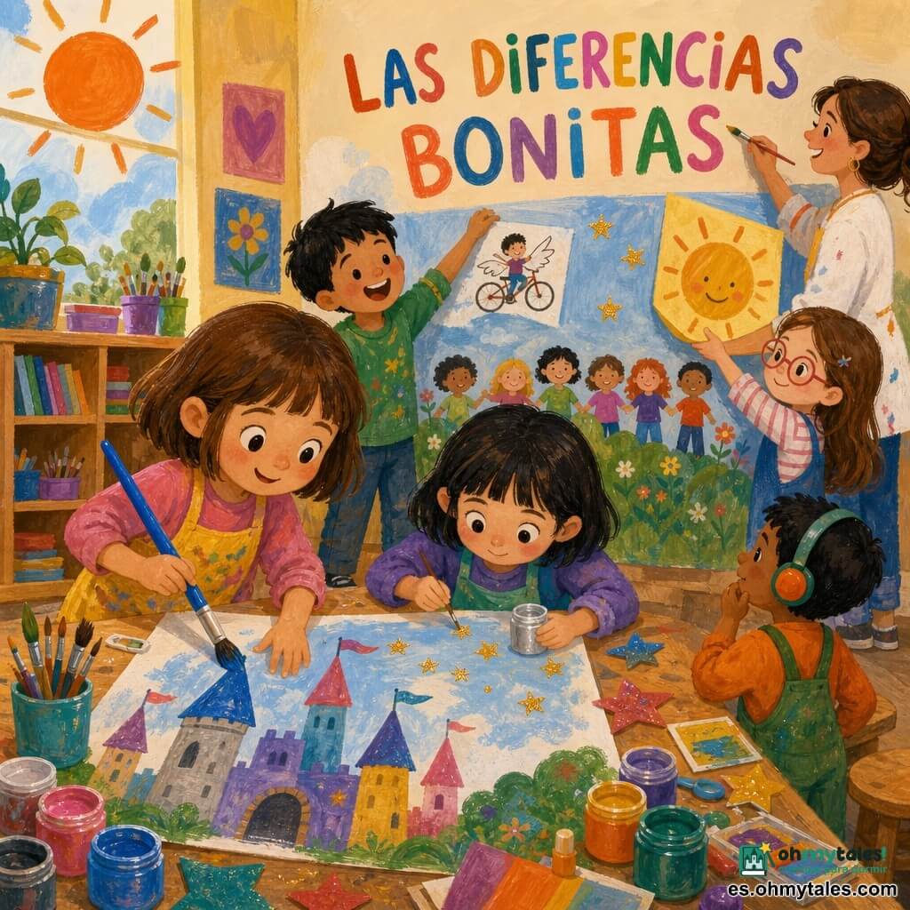 Niños de unos 6 años en una clase luminosa: Luna, pelo castaño a la altura del cuello, sonriente, pinta torres de un castillo con un gran pincel azul; Alba, pelo corto y mirada tímida, añade estrellas doradas al cielo con pintura plateada; Pedro, pelo negro, ríe y muestra una bicicleta voladora dibujada en un rincón; Lucía, piel clara y pelo largo, con gafas de dibujo pega sus trabajos en la pared; Diego, piel morena y con protectores auditivos coloridos, observa el mural; la maestra Carmen, pelo recogido y sonriente, escribe en letras grandes el título del mural: LAS DIFERENCIAS BONITAS. Situación principal: Luna y Alba pintan juntas un castillo bajo una lluvia de estrellas, gestos cómplices, colores vivos (azul, lila, dorado), textura de gouache y ambiente cálido y alegre de creatividad colectiva.