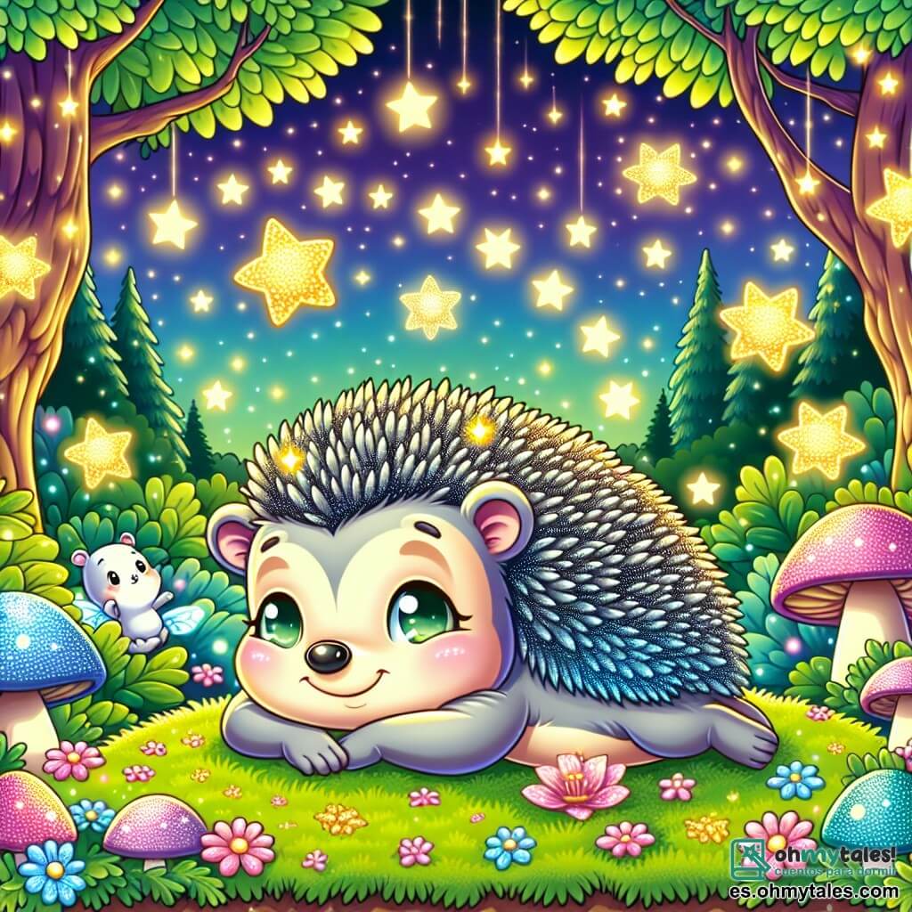 Un pequeño erizo llamado Nico, con una piel gris plateada y ojos brillantes como estrellas, está acostado sobre una alfombra de musgo verde, con una sonrisa pacífica en su rostro. Respira profundamente, rodeado de luciérnagas centelleantes que bailan a su alrededor, creando una atmósfera mágica y serena. Cerca, una dulce estrella llamada Stella, con forma estrellada y ojos chispeantes, flota en el aire, emitiendo una luz dorada y reconfortante. Sonríe tiernamente a Nico, ofreciéndole palabras tranquilizadoras. El lugar es un bosque encantado, bañado por la luz de la luna, con árboles majestuosos de hojas brillantes y un cielo estrellado que brilla. Flores coloridas y hongos luminosos salpican el suelo, añadiendo a la magia de la escena. Nico se relaja profundamente, respirando el aire fresco y perfumado, mientras las luciérnagas iluminan su camino hacia un sueño pacífico, creando una atmósfera de zen y bienestar.