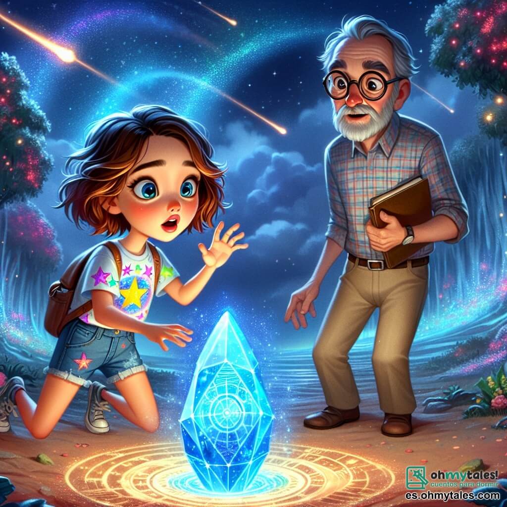 En el centro de la imagen, una niña de 11 años, llamada Sofía, con cabello castaño ondulado y ojos llenos de curiosidad, se muestra maravillada ante un artefacto misterioso que brilla con una luz azul. Lleva una camiseta colorida con estampados de estrellas y un short de mezclilla, con las manos extendidas hacia el objeto, mostrando una expresión de sorpresa y emoción. Junto a ella, el profesor Galileo, un hombre de 60 años con gafas redondas y barba blanca, observa atentamente el artefacto. Viste una camisa de cuadros y pantalones beige, sosteniendo un cuaderno de notas en una mano, mientras que la otra está levantada, como si estuviera a punto de explicar algo importante. El escenario se sitúa en el planeta Luminaris, un mundo encantador con paisajes de ensueño, árboles luminosos de colores vivos y océanos brillantes bajo un cielo estrellado. La situación principal muestra a Sofía y al profesor Galileo descubriendo juntos el misterioso artefacto luminoso, que emite pulsaciones de luz, rodeados de la belleza resplandeciente de Luminaris, simbolizando la aventura y el descubrimiento intergaláctico.