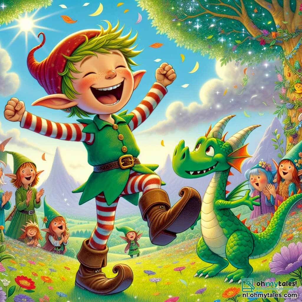 Een blije elf, genaamd Flap, met een grote glimlach en sprankelende ogen, draagt een groen jasje en een iets scheve rode hoed. Hij danst op zijn magische sokken, met zijn armen in de lucht, en toont immense vreugde en opwinding. Naast hem kijkt een verlegen draak genaamd Bob, met groene schubben en zachte ogen, naar Flap terwijl hij lacht, zijn grote staart om een boom gewikkeld. Op de achtergrond applaudisseren en lachen een groep betoverde wezens, zoals elfjes en feeën, wat bijdraagt aan de feestelijke sfeer. Het decor is een prachtig kleurrijk veld, vol met stralende bloemen en grote bomen met glinsterende bladeren, onder een blauwe lucht met donzige witte wolken. De scène speelt zich af tijdens het Grappen- en Grollenfestival, waar Flap en Bob samen lachen en grappen maken, omringd door hun vrienden, wat een sfeer van vreugde en kameraadschap creëert.