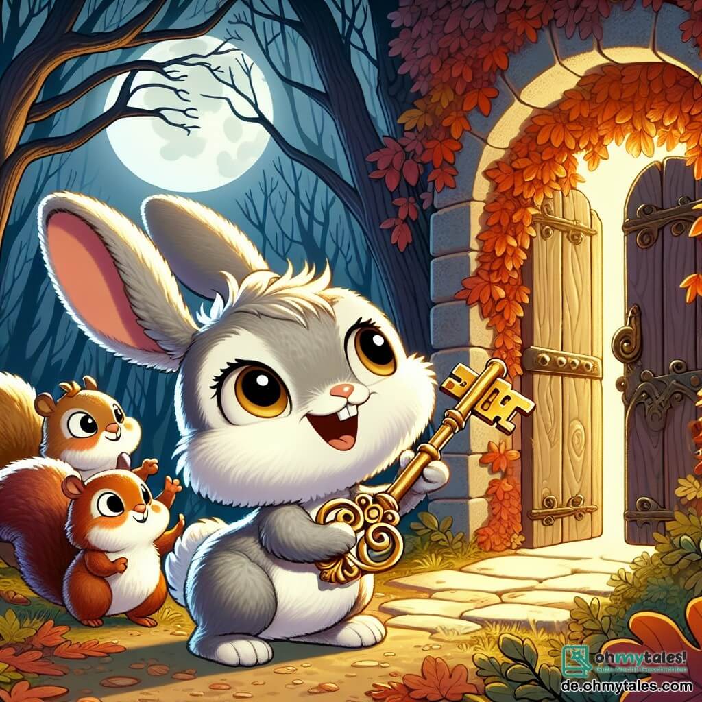 Ein kleiner Hase mit großen Ohren, weichem grauen Fell und glänzenden Augen, zeigt große Freude, während er einen alten goldenen Schlüssel in seinen Pfoten hält, vor einer alten Holztür, die mit Efeu geschmückt ist. Neben ihm hüpfen zwei Eichhörnchen mit buschigen Schwänzen, eines braun und das andere rot, neugierig und aufgeregt, bereit zu entdecken, was sich hinter der Tür verbirgt. Die Szene spielt in einem verzauberten Wald, wo Bäume mit goldenen und roten Blättern eine magische Atmosphäre schaffen, während der Mond sanft den Weg beleuchtet. Der Hauptmoment zeigt den kleinen Hasen und seine Freunde, die ungeduldig und etwas nervös sind, bereit, die geheimnisvolle Tür der alten Hütte zu öffnen, voller Abenteuer und Halloween-Geheimnisse.