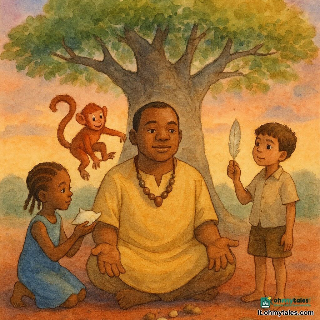 Un uomo adulto, Samba, sereno e determinato, volto rotondo, pelle bruna, capelli corti neri, veste una tunica ocra e una collana di semi di baobab; seduto con le palme sulle ginocchia guarda un grande baobab antico dalle radici nodose e corteccia grigio-bruna; una piccola scimmia rossiccia vivace è sulla sua spalla destra facendo una piroetta; una bambina di circa 7 anni con capelli intrecciati e semplice vestito blu è inginocchiata a sinistra tenendo una conchiglia bianca; un ragazzo di circa 9 anni in pantaloncini marroni e camicia leggera sta a destra offrendo una piuma brillante e lo guarda ammirato; terreno di polvere rosso scuro, poche pietre e piccole offerte alla base; crepuscolo con cielo arancione e viola, luce calda radente, atmosfera solenne e speranzosa; stile acquerello morbido con lavaggi trasparenti, pigmenti caldi, spruzzi controllati per polvere e cielo, contorni leggermente abbozzati, composizione centrata su Samba e il baobab.