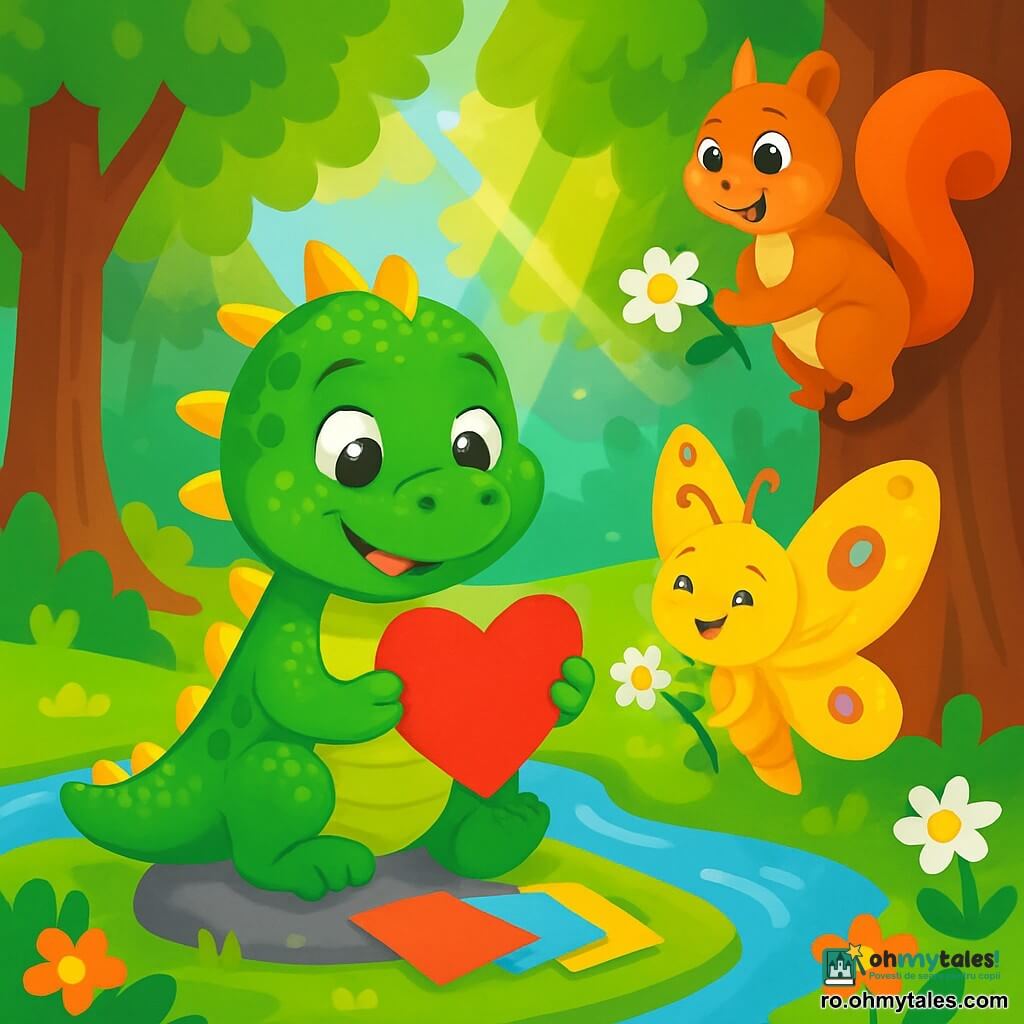 Un dragon mic verde numit Pufuleț, cu solzi strălucitori și ochi plini de bucurie, creează o inimă mare din hârtie colorată, așezat pe o piatră lângă un pârâu sclipitor. Lângă el, un fluturaș auriu numit Zâna, cu aripi translucide și modele colorate, zâmbește ținând o floare sălbatică, în timp ce o veveriță roșie, Pufuleț, se cațără pe un copac, cu ochii plini de entuziasm, pregătită să ajute. Scena are loc într-o pădure magică, unde copacii sunt înalți și umbroși, iar razele soarelui filtrate prin frunze iluminează solul presărat cu flori multicolore. Pufuleț și prietenii săi pregătesc o surpriză pentru ziua mamei, cu expresii de fericire și anticipare pe fețele lor.