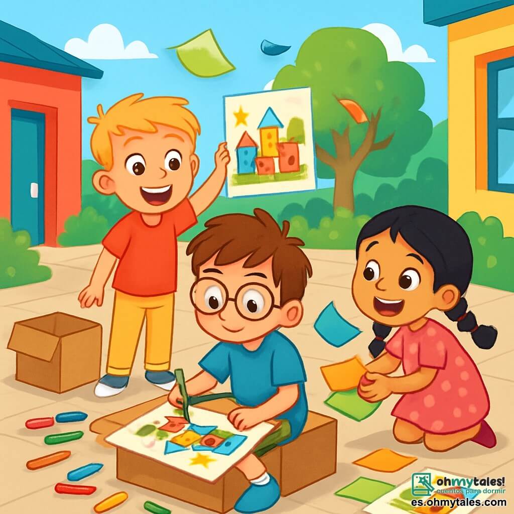 Hay 3 personajes: - Lucas: un niño de 8 años, con cabello castaño desordenado y gafas redondas. Lleva una camiseta azul y un pantalón corto verde. Está sentado en una caja de cartón, rodeado de lápices de colores, dibujando una ciudad colorida. - Tomás: un niño de 7 años, con cabello rubio y una gran sonrisa. Lleva una camiseta roja y un pantalón amarillo. Está de pie al lado de Lucas, sosteniendo un dibujo de la ciudad que hizo, con estrellas en los ojos. - Sofía: una niña de 6 años, con cabello negro trenzado y un vestido rosa con lunares. Está agachada cerca de Lucas, recogiendo hojas de papel de colores que vuelan con el viento, con una expresión alegre en su rostro. El lugar es un patio escolar soleado, con paredes pintadas de colores vivos y árboles verdes. Hay cajas de cartón esparcidas y dibujos coloridos decoran el suelo. El cielo es azul, salpicado de algunas nubes blancas, y el ambiente es alegre y animado. La situación principal muestra a Lucas, Tomás y Sofía creando juntos una ciudad de cartón, llena de colores brillantes. El viento sopla suavemente, haciendo flotar hojas de papel a su alrededor, mientras ríen y comparten su creatividad.