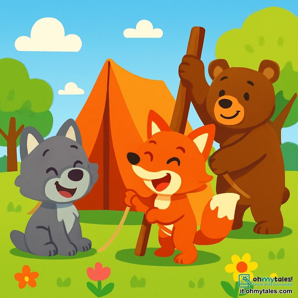 Un piccolo lupo dai peli grigi e morbidi, di nome Lupino, è seduto sull'erba verde, con un grande sorriso gioioso sul volto. I suoi occhi brillano di eccitazione mentre guarda i suoi amici. Accanto a lui, una volpina rossa con un pelo splendente e occhi maliziosi, di nome Rossa, ride mentre tiene una corda per costruire una tenda. Sembra entusiasta e piena di energia. Un orso bruno robusto, di nome Bruno, si trova un po' più lontano, mentre solleva un grosso palo con un'aria concentrata, ma felice. Il luogo è un magnifico campo soleggiato, circondato da alberi verdi e fiori colorati che danzano nella leggera brezza. La situazione principale mostra gli animali che collaborano gioiosamente per costruire una tenda, ridendo e incoraggiandosi a vicenda, creando un'atmosfera di amicizia e felicità estiva.