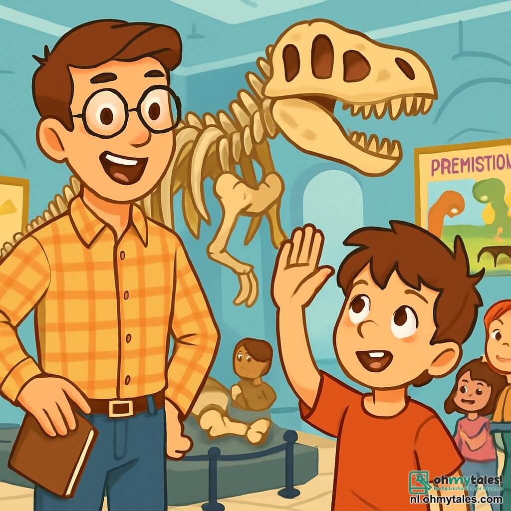 Een leraar, een man van ongeveer dertig jaar, glimlachend en enthousiast, staat voor een enorm dinosaurus-skelet in een museum. Hij draagt ronde bril en een geruit overhemd, zijn ogen stralen van opwinding. Naast hem staat een 8-jarig jongetje, Milan, met rommelig bruin haar en een rode t-shirt, die nieuwsgierig zijn hand opsteekt, klaar om een vraag te stellen. Op de achtergrond kijken kinderen van de klas, jongens en meisjes, verwonderd naar de tentoonstellingen, sommigen maken aantekeningen in hun notitieboeken. Het museum is ruim, met lichtblauwe muren, vitrines vol fossielen en kleurrijke posters over de prehistorie. De belangrijkste situatie toont de leraar die gepassioneerd het verhaal van de dinosaurussen uitlegt, terwijl de kinderen aandachtig luisteren, geboeid door het avontuur van de ontdekking.