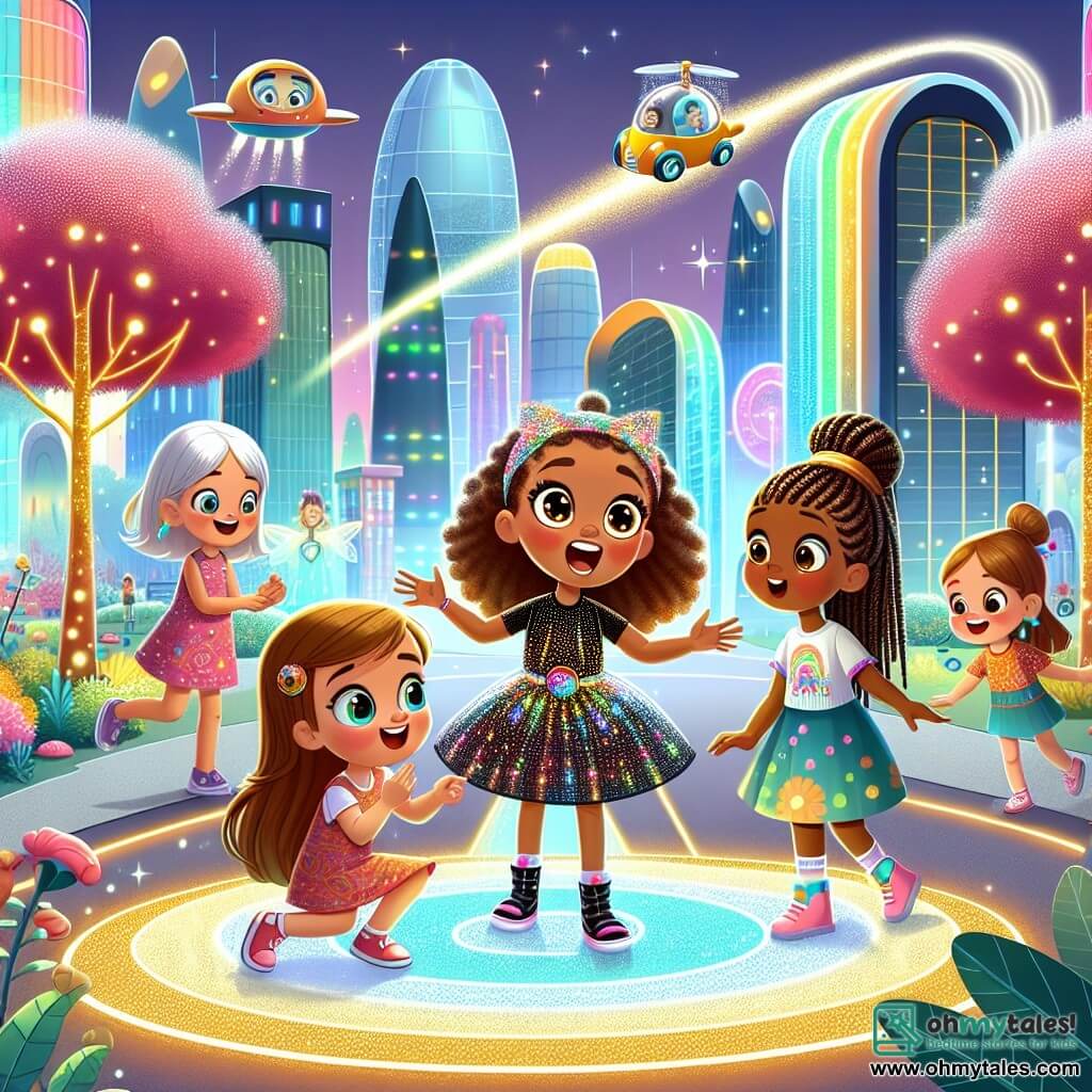 In a futuristic park, Mia, a six-year-old girl with curly hair and sparkling eyes, stands at the center, amazed by her surroundings. To her right, Lily, a girl her age with long, smooth hair, wears a colorful dress and smiles while pointing at a shimmering tree. On the left, Zoe, another six-year-old girl with short, curly hair, laughs while jumping on a floating cloud. Finally, Bella, a little girl with braided hair wearing a patterned t-shirt, bends down to pick up a shiny object from the ground. The park is filled with futuristic buildings in bright colors, with twinkling lights and illuminated trees. Flying cars pass overhead while friendly robots move along sunny paths. The main scene shows Mia and her friends playing together, laughing and having fun as they explore a magical world filled with wonders and adventures.