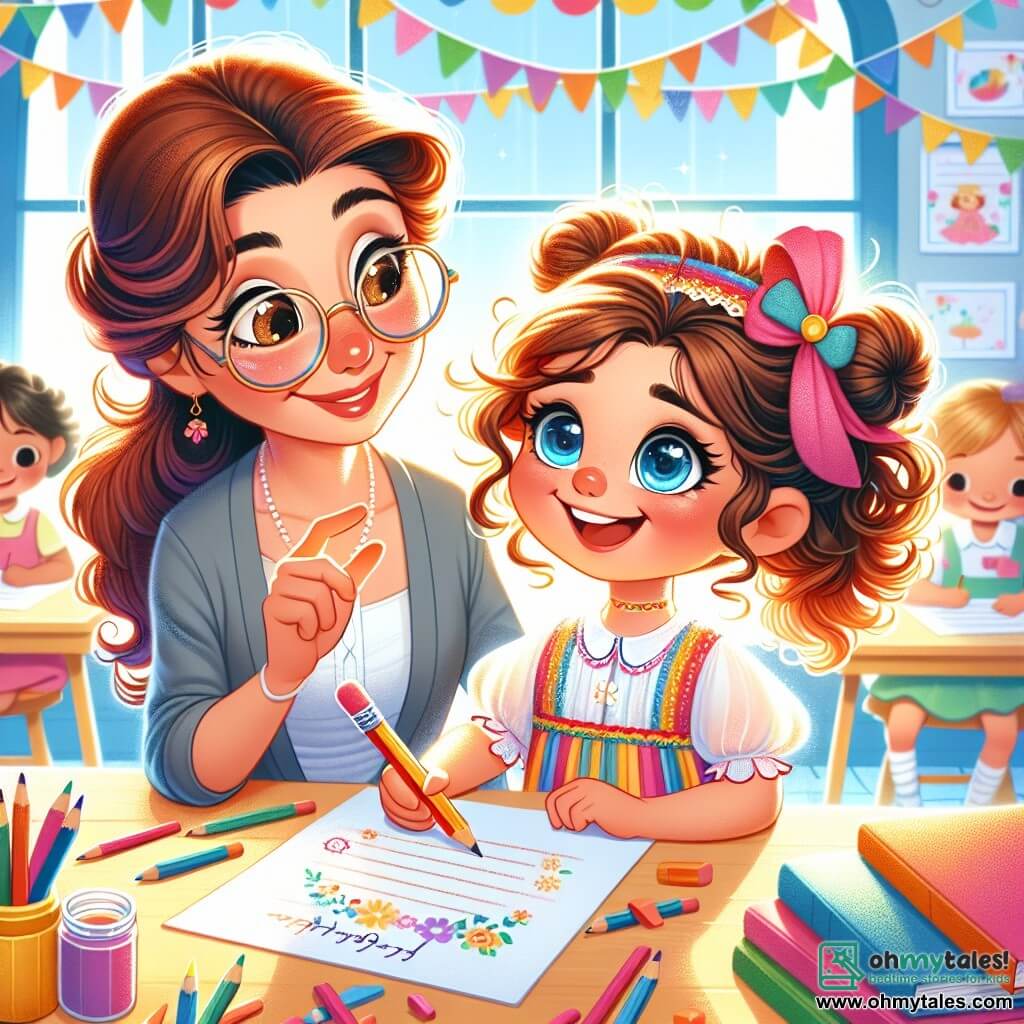 A 4-year-old girl named Mila, with big bright eyes and curly hair, is sitting at a wooden table. She has a joyful smile and a focused expression, holding a colored pencil in her hand. Next to her, her teacher, Miss Daisy, a smiling woman in her thirties with round glasses and brown hair, encourages her with a kind look. The scene takes place in a bright classroom decorated with children's drawings and colorful garlands, with windows letting in sunlight. Mila is writing a poem for Father's Day, surrounded by colorful papers and pencils, while cheerful classmates are creating their own gifts around her.