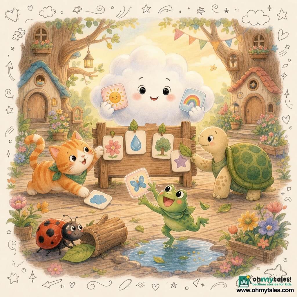 The main character is Noah, a small fluffy white cloud with a round face, bright black eyes and a gentle proud smile, delicately holding colorful rounded pictograms; his friends gather in a village-square workshop among little treehouses and warm late-afternoon light: Moppet the orange-and-white tabby cat sits left, playful and curious, pawing at a fallen poster; Lila the slow spotted green-shelled turtle sits right, calm and kind, gently placing a leaf to stick an image with her shell; Pip the small green frog, round bright eyes, joyful and leaping, grabs a pictogram near a puddle; Zuzu the bouncing red-and-black ladybug laughs as she tucks a sheet under a small log; together they form a cooperative circle repairing and repositioning glowing rounded pictograms after a gust of wind, in a warm pastel palette with pencil-and-watercolor textures and floating doodles like arrows, hearts and stars.