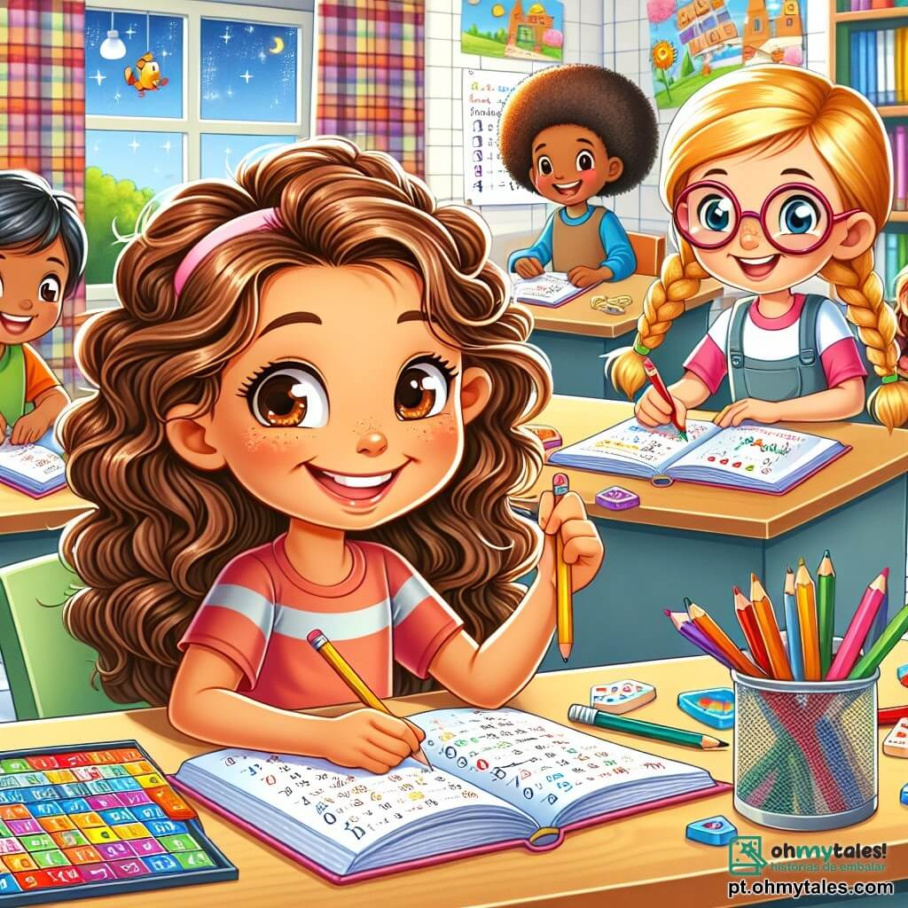 Uma menina de 8 anos, Clara, com cabelos cacheados castanhos e olhos brilhantes de curiosidade, está sentada a uma mesa em uma biblioteca escolar. Ela sorri amplamente, demonstrando alegria e concentração enquanto segura um lápis e um caderno, pronta para resolver problemas de matemática com entusiasmo. Ao lado dela, sua melhor amiga Ana, também de 8 anos, com cabelos loiros trançados e óculos redondos, observa Clara com um sorriso encorajador. Ana segura um jogo de tabuleiro colorido, pronto para tornar o aprendizado mais divertido. A biblioteca é clara e acolhedora, com prateleiras cheias de livros de capas coloridas, cartazes educativos nas paredes e janelas que deixam entrar a luz do sol. A cena principal mostra Clara e Ana trabalhando juntas, cercadas por seus amigos, todos envolvidos em jogos de matemática, rindo e compartilhando ideias, criando uma atmosfera alegre e colaborativa.