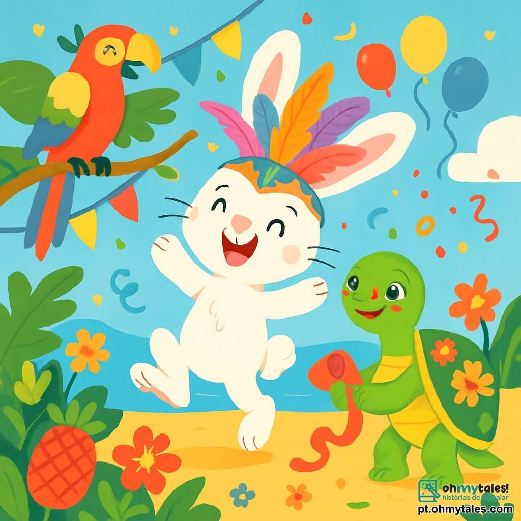 Um coelhinho branco e fofinho, chamado Pipoca, salta de alegria com um grande sorriso no rosto, suas grandes orelhas em pé, usando um chapéu de carnaval colorido adornado com penas brilhantes. Ao lado dele, uma tartaruga verde chamada Tina, com uma carapaça decorada com flores, observa Pipoca com olhos brilhantes de excitação, segurando um rolo de papel crepom em suas patas. Um papagaio de penas vibrantes, chamado Pepe, está empoleirado em um galho próximo, cantando alegremente, com as asas abertas, acrescentando à atmosfera festiva. O cenário é uma ilha ensolarada, repleta de flores coloridas, frutas tropicais e guirlandas de papel flutuando ao vento. Ao longe, vêem-se balões flutuantes e confetes no ar. A cena mostra Pipoca, Tina e Pepe preparando juntos seus trajes para o concurso de carnaval, cercados por uma atmosfera alegre e festiva.
