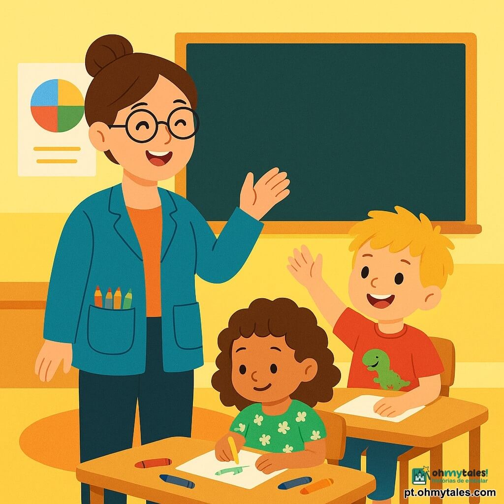 Uma professora sorridente, na casa dos trinta anos, com cabelos castanhos presos em um coque e óculos redondos, está diante de uma turma. Ela usa um bonito casaco azul com bolsos cheios de lápis coloridos, e seu rosto irradia bondade e alegria. Ao lado dela, um menino de 7 anos, com cabelos loiros bagunçados, levanta a mão entusiasticamente, com um grande sorriso no rosto. Ele veste uma camiseta vermelha com um desenho de dinossauro. Um pouco mais longe, uma menina de 6 anos, com cabelos cacheados e um vestido verde com flores, desenha concentrada em uma folha de papel, cercada por lápis de todas as cores. A cena acontece em uma sala de aula iluminada, com paredes pintadas de amarelo pastel, cartazes coloridos pendurados e um grande quadro negro ao fundo. Mesas de madeira estão dispostas em círculo, e um tapete macio está no centro da sala. A professora explica com paixão a importância das diferenças, enquanto as crianças escutam atentamente, cativadas por suas palavras. Sorrisos e risadas enchem o ar, criando uma atmosfera calorosa e alegre.