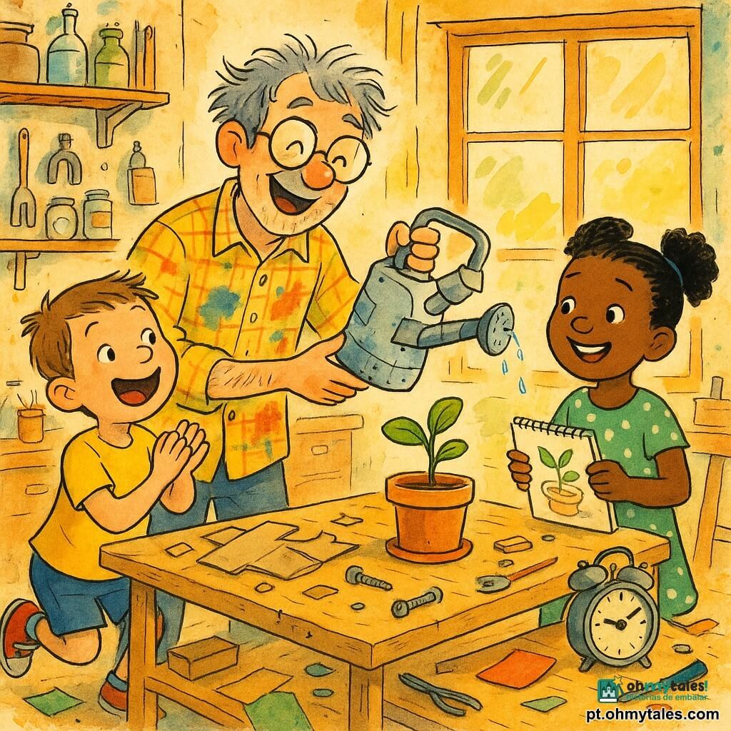 Tomás, homem de cabelos grisalhos despenteados e óculos redondos, sorrindo e emocionado, segura um regador improvisado que verte suavemente água sobre uma pequena planta; à esquerda, Lucas, cerca de 7 anos, camiseta amarela, pula e aplaude maravilhado; à direita, uma menina de ~8 anos com cabelo preto em rabo e vestido verde de bolinhas segura um caderno de esboços e sorri pronta para sugerir melhorias; todos estão num mini-laboratório caseiro bagunçado com materiais de bricolagem, prateleiras de madeira e uma grande janela que deixa entrar luz dourada da manhã, celebrando quietamente a invenção que finalmente funciona, em clima caloroso com tons quentes e contrastes suaves.