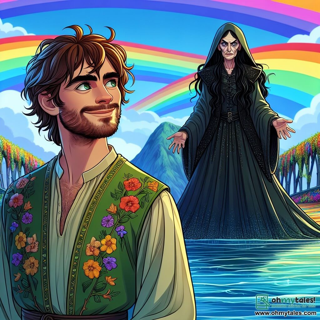 A man named Oliver, around 30 years old, stands bravely on a vibrant rainbow bridge, his eyes shining with determination. He has messy brown hair, a light beard, and wears a green tunic adorned with floral patterns. His expression is both resolute and joyful, ready to face the challenge ahead. Beside him, Malvina, a woman around 40, stands with a proud yet less threatening posture. She has long black hair cascading in waves around her face and wears a dark dress that glimmers slightly, as if made of stars. She watches Oliver with a mix of surprise and respect, realizing he is stronger than she had imagined. The scene takes place on a majestic bridge made of bright colors, spanning over a sparkling river. The waters below reflect the colors of the sky, while multicolored flowers line the banks, creating an enchanted atmosphere. The main situation shows Oliver confronting Malvina, the witch, on the bridge. He stands firm, ready to prove his bravery, while Malvina, though still powerful, begins to recognize the strength of his heart. Both characters are surrounded by magical light illuminating the scene, symbolizing the struggle between courage and darkness.