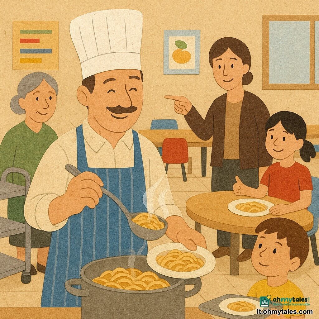 Uno chef di circa 40 anni, sorriso dolce e occhi ridenti, con una grande toque bianca inclinata e un grembiule blu a righe, versa pasta fumante in piatti di porcellana con gesto calmo e preciso; la signora Ada, capelli grigi raccolti, casacca verde, tiene un grande carrello metallico a sinistra e osserva con benevolenza; la maestra Lina, capelli corti castani e abbigliamento sobrio, sta a destra sorridendo e indicando la tavola dove si siedono i bambini; un ragazzo di circa 8 anni, capelli castani e maglietta gialla, fa la fila con un vassoio, curioso e attento; una bambina di circa 7 anni, capelli neri a coppie e vestito rosso, è seduta a un tavolo tondo vicino, guarda la pasta fumante con il pollice alzato. La mensa scolastica è una sala ampia e luminosa con lunghe tavole in legno chiaro, sedie multicolori, pavimento beige, poster alle pareti e una grande finestra che diffonde una luce pomeridiana soffusa. La scena mostra lo chef che serve pasta al dente con sottili sbuffi di vapore, bambini attenti, gesti di condivisione e un'atmosfera calda e ordinata; resa come carta ritagliata con bordi incollati, colori vivaci e contrastati.