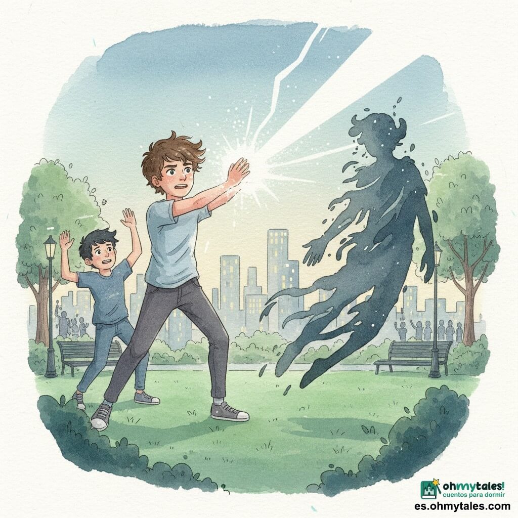 Joven con rostro decidido y luminoso, cabello castaño despeinado, lanza un potente rayo de luz al cielo; a la izquierda, un adolescente amigo fiel de cabello negro corto, con expresión de ánimo y preocupación, levanta los brazos como para ayudar; antagonista oscuro, silueta flotante y vagamente humanoide con bordes difusos y texturas que absorben la luz, retrocede ante el rayo; escenario: parque urbano al crepúsculo con césped verde, árboles en tonos lavados, bancos y un skyline lejano de rascacielos con ventanas amarillas, farolas apagadas; situación: confrontación dramática pero infantil con la sombra disipándose y pequeñas figuras de ciudadanos observando maravilladas; paleta: tonos pastel para ciudad y parque, blanco brillante para la luz y gris azulado profundo para la sombra; estilo: acuarela fluida con texturas granulosas y finos realces en gel blanco sobre la luz y los ojos, composición centrada, dinámica y apta para niños.