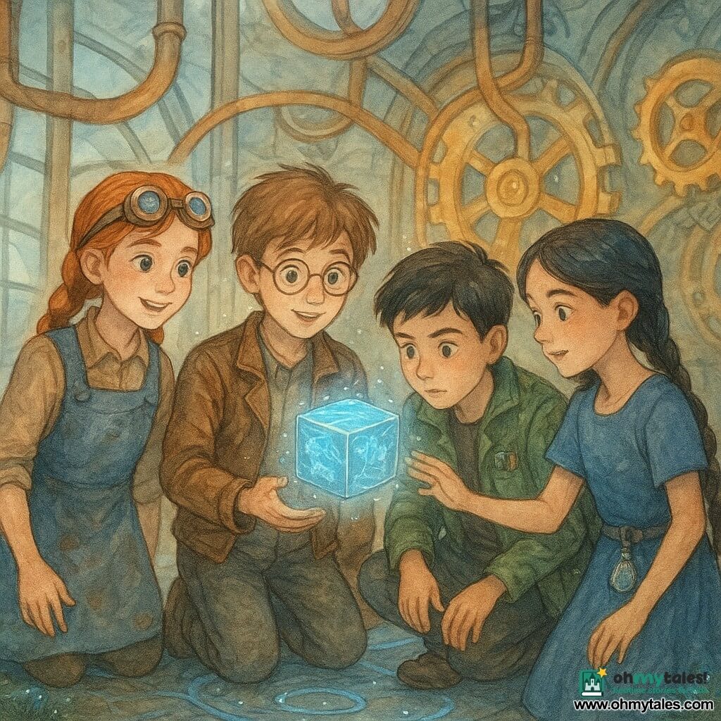 Four children around a levitating Cube of Echoes projecting a small blue holographic map: Milo, ~11, slim, light brown tousled hair, brown leather jacket and round glasses, center-front holding the floating silver cubical box; Elara, ~12, red braided hair, copper welder goggles on her forehead, oil-stained overalls and a mischievous smile, left of Milo looking at the cube; Jax, ~11, short black hair, green jacket with pockets of screws and tools, crouched right of Milo examining the cube; Mira, ~10, long black braids, simple blue dress with a small vial of water at her belt, slightly behind-right touching the cube with her left hand and resting a hand on Jax’s shoulder. They are inside a tall, bright mechanical tower of glass and polished metal with intertwined copper pipes, large golden gears in the background, blue luminous cables on the floor and bioluminescent plants between metal plates; the scene is centered, tense but full of wonder, warm lights and metallic reflections, soft sparks around the cube and droplets on Mira’s vial, expressions of astonishment and solidarity.