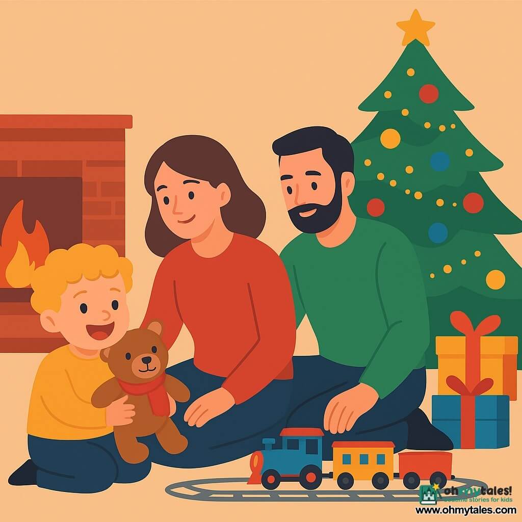 A 2-year-old boy named Tom, with curly blond hair and sparkling eyes, is sitting on the floor, a big smile lighting up his face. He is holding a small teddy bear with a red scarf, hugging it tenderly. Next to him, his mother, about 30 years old, with brown hair and a gentle face, is crouched down, looking at Tom with love. She is wearing a festive red sweater. A man, about 32 years old, his father, with black hair and a light beard, is sitting behind them, adjusting a colorful electric train that circles the Christmas tree. The living room is warm and welcoming, with a large Christmas tree decorated with twinkling lights and colorful ornaments. Wrapped gifts are scattered around the tree, and a red brick fireplace adds a touch of coziness. The main scene shows Tom, beaming with joy, as he plays with his teddy bear and watches the train go by, capturing the joyful and family spirit of Christmas.