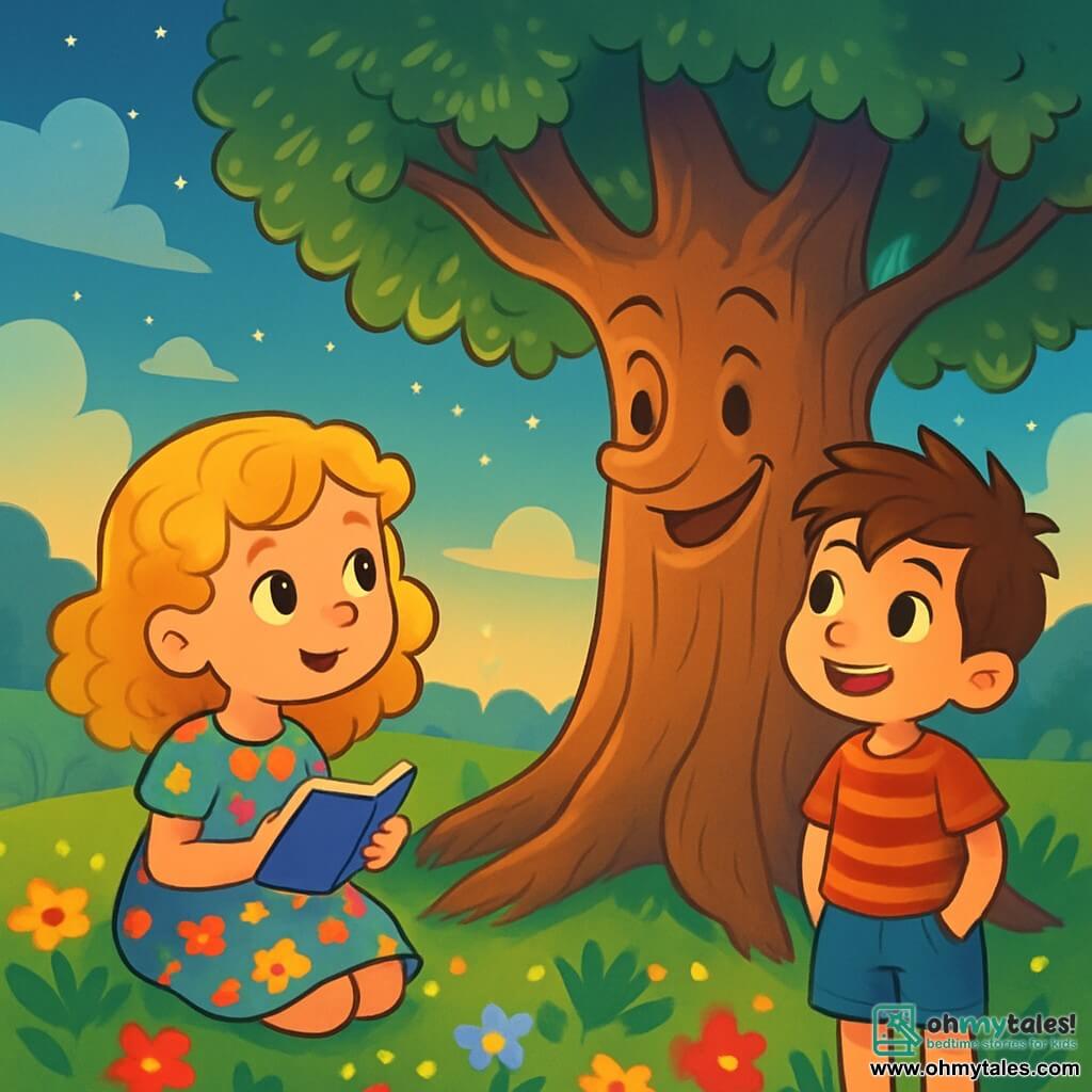 There are two main characters:  
- Lily: an 8-year-old girl with golden curls and bright eyes like the summer sky. She wears a colorful flower dress and holds a small notebook in her hands, ready to ask questions.  
- Max: an 8-year-old boy with messy hair and a bright smile. He wears a striped t-shirt and shorts, looking at Lily with curiosity, hands in his pockets.

The main setting is an enchanted meadow bathed in golden light. The grass is vibrant green, dotted with colorful flowers dancing in the gentle breeze. In the center of the meadow stands a majestic tree with gnarled branches and shimmering leaves, seemingly whispering secrets. The sky is a deep blue, scattered with fluffy clouds and a few twinkling stars beginning to appear.

The main situation shows Lily and Max sitting under the tree, talking to it, amazed by its ability to answer their questions. They exchange fascinated glances, surrounded by the magical beauty of the meadow, as the wind gently rustles the leaves around them.