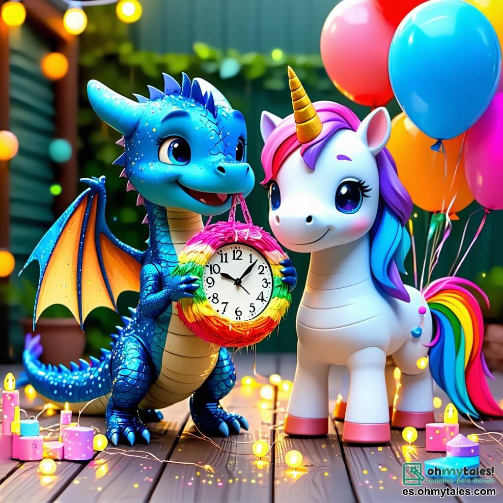 Un pequeño dragón azul con escamas brillantes y alas de purpurina, llamado Zipo, sonríe con ojos chispeantes de emoción. Se encuentra en el centro de una terraza decorada con guirnaldas luminosas y globos de colores, sosteniendo una piñata en forma de gran reloj, listo para hacerla estallar. A su lado, una unicornio de crines arcoíris, llamada Pelusín, ríe alegremente, con ojos brillantes de travesura, mientras cuelga una guirnalda de serpentinas. Un grifo travieso, Lilo, vuela justo por encima, con una amplia sonrisa y plumas doradas, listo para hacer una broma lanzando confeti. La terraza está situada en la cima de un edificio, ofreciendo una vista espectacular de una ciudad iluminada por fuegos artificiales de colores, con estrellas brillantes en el cielo nocturno. La escena emana una atmósfera festiva y alegre, llena de risas y anticipación por la celebración del Año Nuevo.