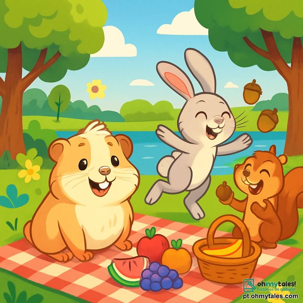 Um pequeno porquinho-da-índia chamado Bento, com pelos macios e sedosos de cor creme, olhos brilhantes de curiosidade e um grande sorriso alegre, está sentado em uma coberta xadrez vermelha e branca, cercado por seus amigos. Ao seu lado, sua irmã Lila, uma coelhinha vaidosa com orelhas longas e sedosas e pelagem cinza claro, salta de alegria, seus olhos brilhando de felicidade. Não muito longe, Tico, um esquilo travesso com pelagem marrom e uma cauda fofa, tenta malabarismos com nozes, rindo de suas próprias trapalhadas. O cenário é um lindo lago ensolarado, cercado por grandes árvores verdes com folhas vibrantes, e flores coloridas que dançam ao vento. Patos nadam pacificamente na água cintilante, e o céu é de um azul radiante, salpicado de algumas nuvens brancas fofas. A cena principal mostra Bento e seus amigos preparando um piquenique alegre, rindo e compartilhando frutas coloridas, enquanto uma leve brisa traz os aromas da natureza ao redor.