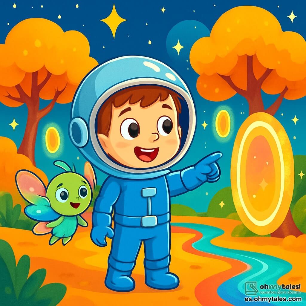 Un joven llamado Lucas, con un brillante casco espacial plateado y una sonrisa maravillada, se encuentra en el centro de la imagen. Lleva un traje espacial azul resplandeciente, con sus ojos brillando de curiosidad. A su lado, Fizz, un pequeño ser con alas brillantes y multicolores, vuela alegremente, mostrando a Lucas un portal mágico. El escenario es un paisaje fantástico: un planeta con árboles de hojas doradas, ríos de aguas cantantes de colores vivos y estrellas gigantes flotando en el cielo. Portales luminosos flotan entre los árboles, iluminando la escena con una suave luz. La situación principal muestra a Lucas y Fizz explorando este mundo mágico, con Lucas señalando un portal brillante, listo para vivir una nueva aventura.