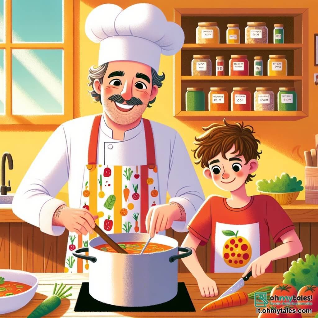 Un cuoco, un uomo di quarant'anni con un grande sorriso e un cappello da chef bianco, si trova al centro della cucina. Ha i capelli castani leggermente ricci e indossa un grembiule colorato con motivi di verdure. Sta mescolando una grande pentola di zuppa, con un'espressione gioiosa e concentrata. Accanto a lui, un ragazzo di dieci anni, di nome Luca, ha gli occhi brillanti di eccitazione. Ha i capelli castani corti e indossa una maglietta rossa con un motivo di pizza. Sta tagliando carote con un coltello di plastica, guardando Marco con ammirazione. La scena si svolge in una cucina calda e colorata, con pareti giallo vivo, scaffali pieni di barattoli di spezie e verdure fresche disposte su un bancone di legno. La luce del sole entra da una finestra, illuminando la stanza con un'atmosfera gioiosa. Marco e Luca stanno cucinando insieme, condividendo risate e storie mentre preparano una deliziosa zuppa, simboleggiando l'amicizia e la magia della cucina.