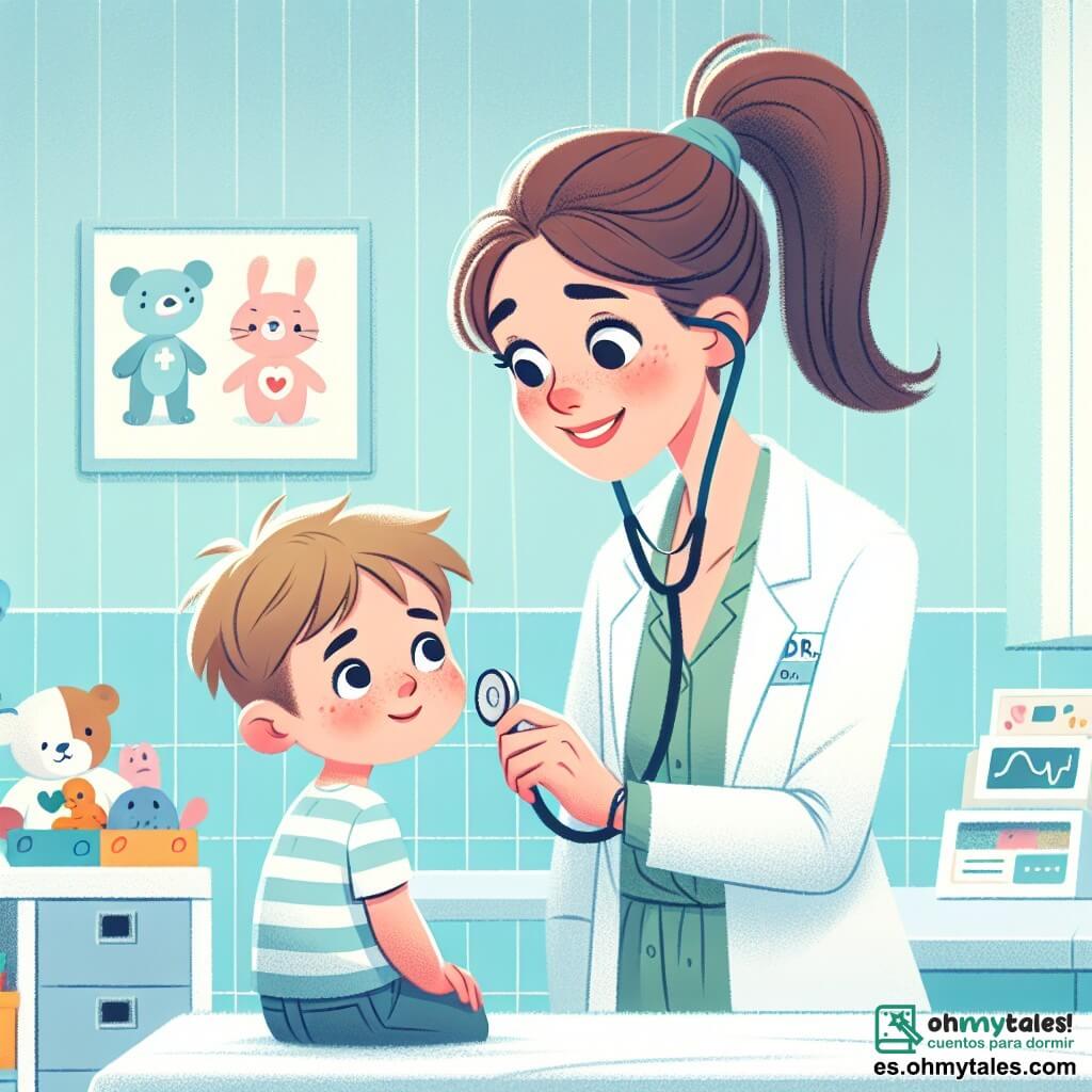 La doctora Lila es una mujer sonriente de unos treinta años, con el cabello castaño recogido en una coleta. Lleva una bata blanca, un estetoscopio alrededor del cuello y una cálida sonrisa en su rostro, mostrando su amor por los niños. Está escuchando el corazón de un niño llamado Tomás, de aproximadamente 7 años, con cabello rubio desordenado y mejillas sonrosadas. Tomás está sentado en la mesa de examen, un poco inquieto pero reconfortado por la presencia de la doctora Lila. La escena tiene lugar en una clínica colorida y acogedora, con paredes pintadas de azul claro y dibujos de animales sonrientes. Hay juguetes esparcidos por el suelo y una estantería llena de libros para niños. La situación principal muestra a la doctora Lila examinando a Tomás, que tose ligeramente, mientras ella le habla suavemente para tranquilizarlo. La luz suave de la clínica crea una atmósfera cálida y apacible, ilustrando el vínculo especial entre la doctora y sus jóvenes pacientes.