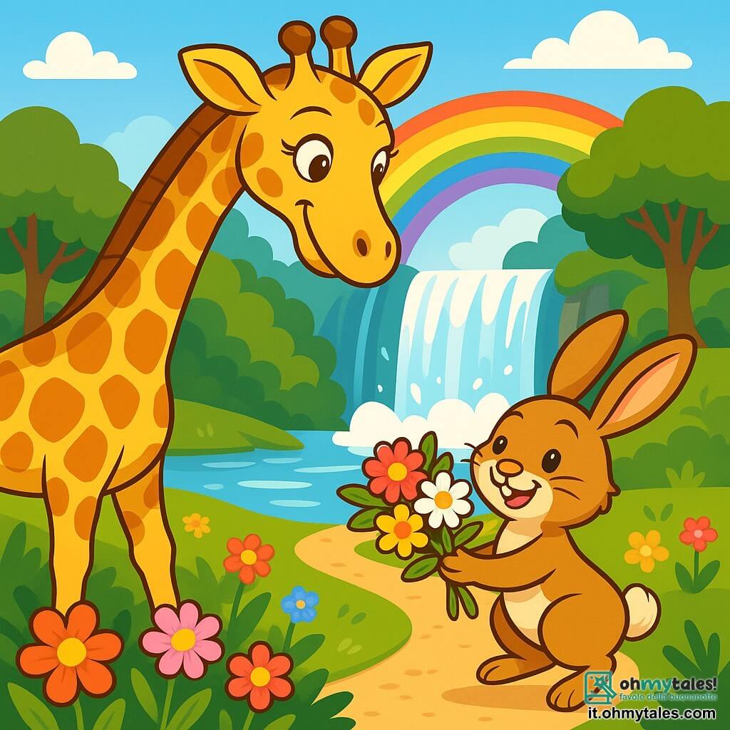 Una maestosa giraffa di nome Gilda, con un lungo collo elegante e macchie dorate sul suo manto, si piega con un sorriso caldo e benevolo. I suoi grandi occhi brillano di empatia mentre allunga il collo verso un piccolo coniglietto di nome Tobia, che ha pelo morbido e un'aria gioiosa, saltellando intorno a lei con le orecchie ritte. Lo scenario si trova vicino a una splendida cascata, dove l'acqua scintilla sotto il sole, creando un arcobaleno vibrante. Fiori colorati costeggiano il sentiero e alberi verdi si ergono sullo sfondo, aggiungendo un tocco di magia alla scena. Gilda aiuta Tobia a raggiungere un bel mazzo di fiori, illustrando un momento di gentilezza e amicizia tra i due personaggi.