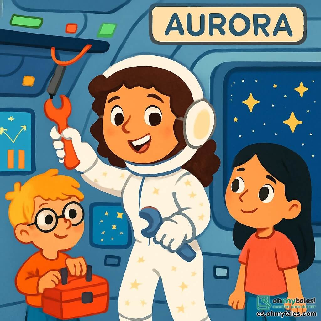 Una ingeniera espacial, Carla, una mujer de cabello castaño y rizado, lleva un brillante traje blanco que brilla bajo las luces de la estación. Tiene una sonrisa decidida y ojos llenos de emoción mientras repara un cable con una llave inglesa. A su lado, Lucas, un niño de 10 años con gafas redondas y cabello rubio despeinado, sostiene una caja de herramientas, listo para ayudarla. Sara, una niña de 9 años con cabello largo y negro, mira por la ventana, asombrada por las estrellas que brillan en la inmensidad del cosmos. La escena transcurre en el interior de la estación espacial Aurora, un lugar futurista con paredes plateadas y luces de colores que parpadean. Las pantallas muestran mapas estelares y gráficos, mientras que las ventanas ofrecen una vista espectacular de un océano de estrellas brillantes. La situación principal muestra a Carla reparando la estación, con Lucas y Sara a su lado, todos concentrados y unidos en su misión. Las luces de la estación se apagan y se encienden, creando una atmósfera mágica, mientras trabajan juntos para restaurar la seguridad de su nave.