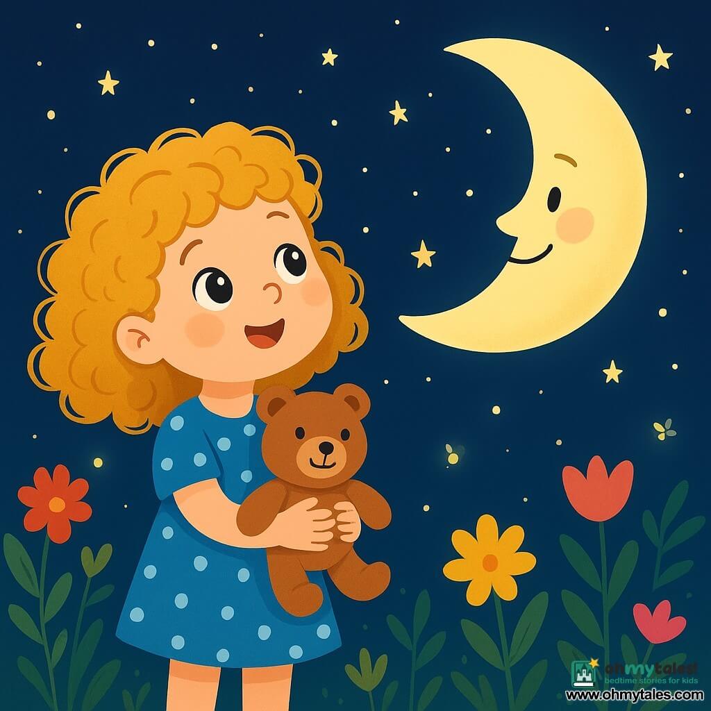 A 4-year-old girl named Lila, with curly golden hair like sun rays, gazes with bright eyes at the vast starry sky. She wears a blue polka-dot dress, and her face shows curiosity and joy. In her arms, she hugs her teddy bear, Mr. Snuggles, who has a gentle smile and button eyes. Beside her, the large, bright crescent moon seems to listen like a caring friend. The garden is filled with colorful flowers swaying gently in the night breeze, and fireflies twinkle around them, adding a magical touch to the scene. The main setting is Lila's garden, bathed in silver moonlight, with flowers blooming in the dark and the sky dotted with bright stars. Lila, in wonder, wonders why the moon watches over her, creating a dreamlike and mysterious atmosphere.